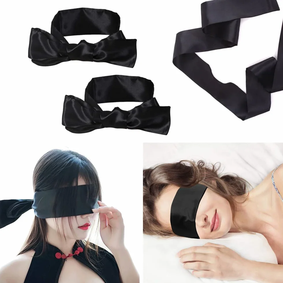 LATRAT 2 Pezzi Raso Benda per Occhi, Maschera Sonno Morbido Elegante Nero