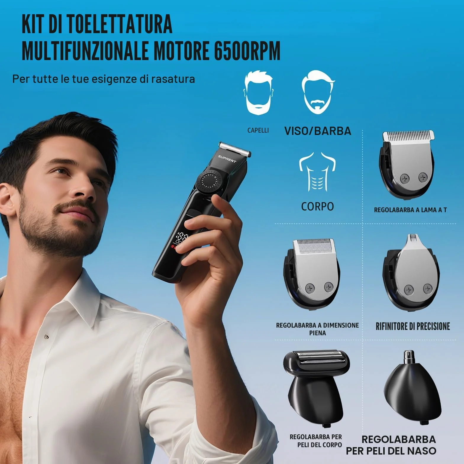 SUPRENT Regolabarba Uomo Professionale IPX7 Impermeabile Rasoio Elettrico Barba e Capelli