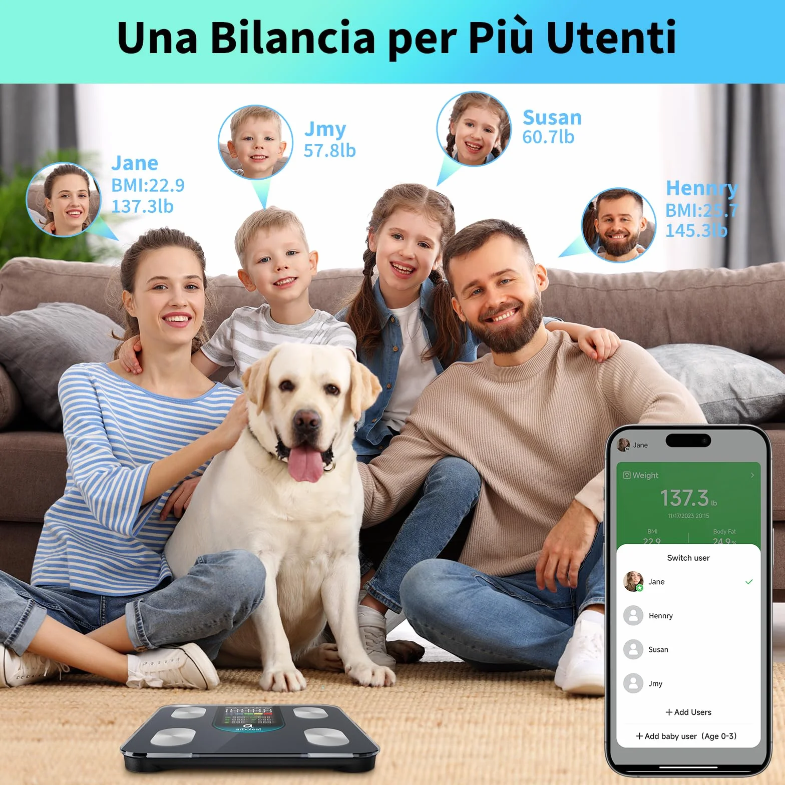 Arboleaf Bilancia Pesapersone Digitale Bluetooth con App, 14 Parametri, BMI, Grasso Corporeo, Massa Muscolare, Alta Precisione, Capacità 180 kg