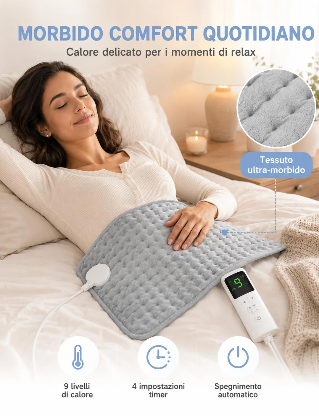 UOHHBOE Termoforo Elettrico 75W Tappetino Riscaldante 9 Impostazioni di Temperatura Lavabile in Lavatrice 4 Timer 60x30cm Con Spegnimento Auto Termoforo Cervicale Spalle Schiena Addome e Gambe