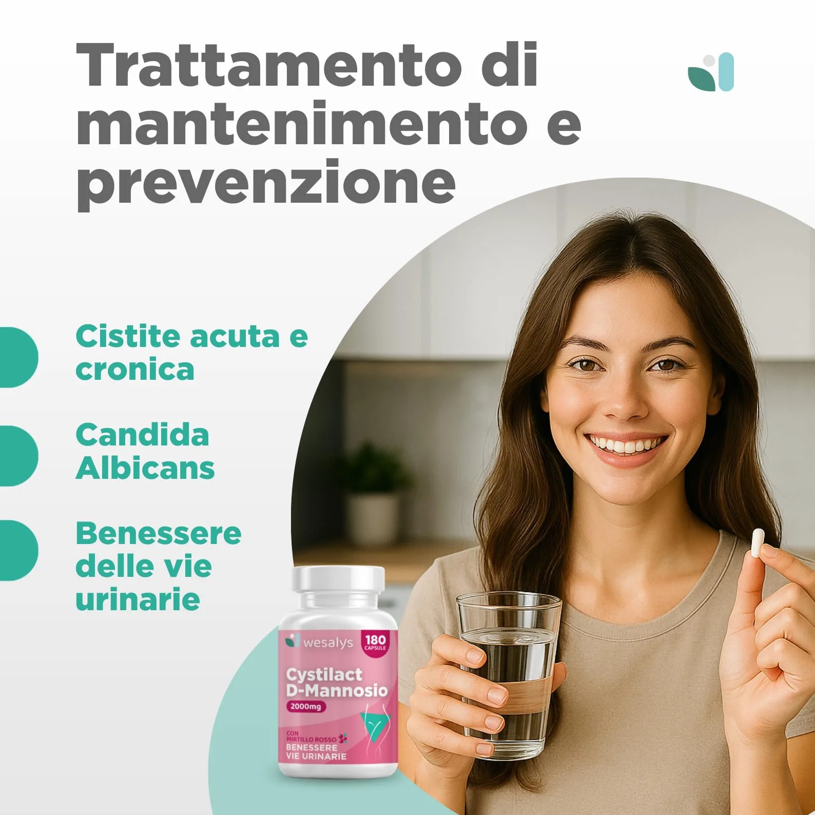 CYSTILACT® D Mannosio Puro 2000mg 180 Capsule con Mirtillo Rosso, Probiotici ed Acido Ialuronico per le Vie Urinarie