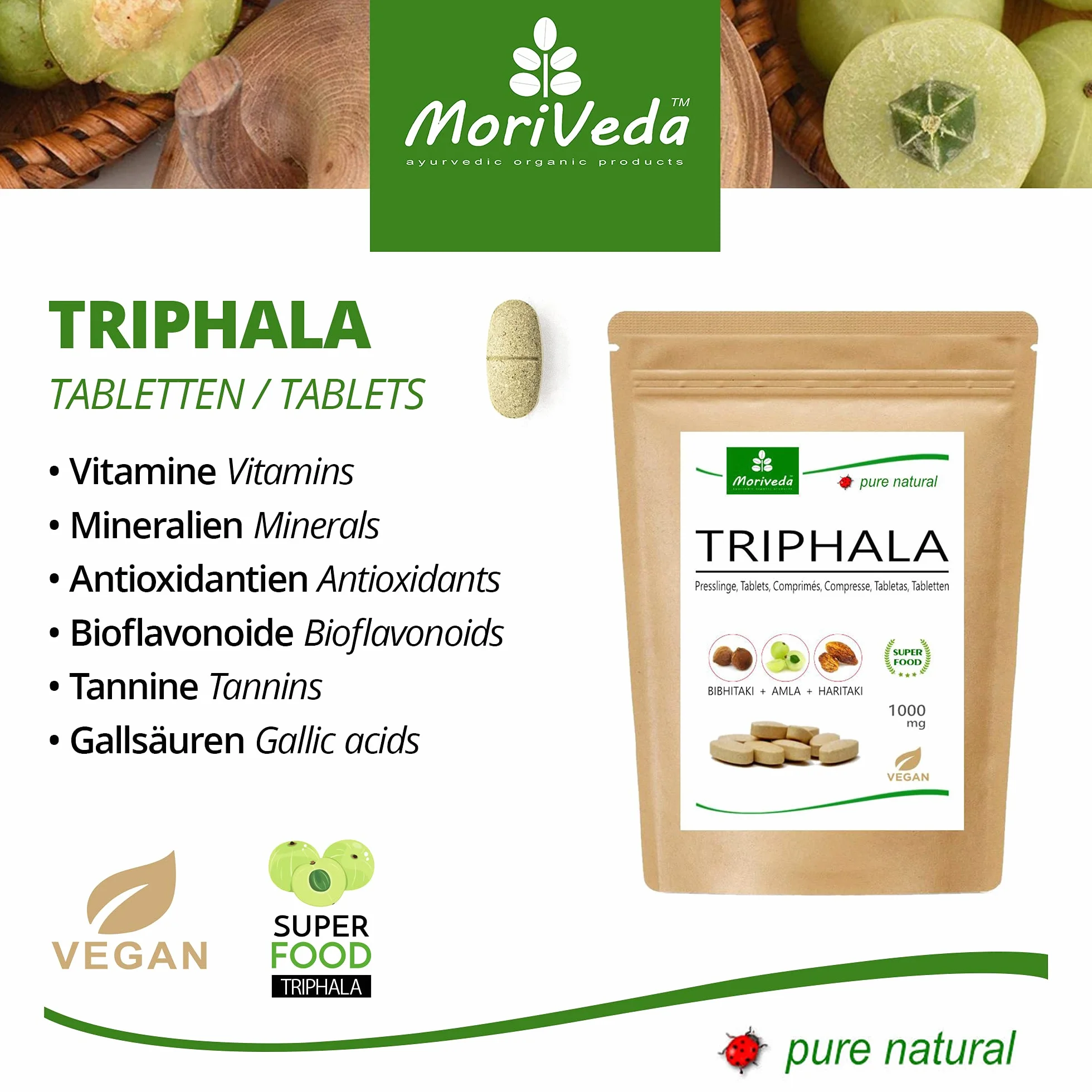 Triphala pellet 1000mg (120 o 360 pezzi) frutti reali ayurvedici Amla (Amalaki), Hiritaki, Bibhitaki - Prodotto di qualità di MoriVeda (120 compresse)