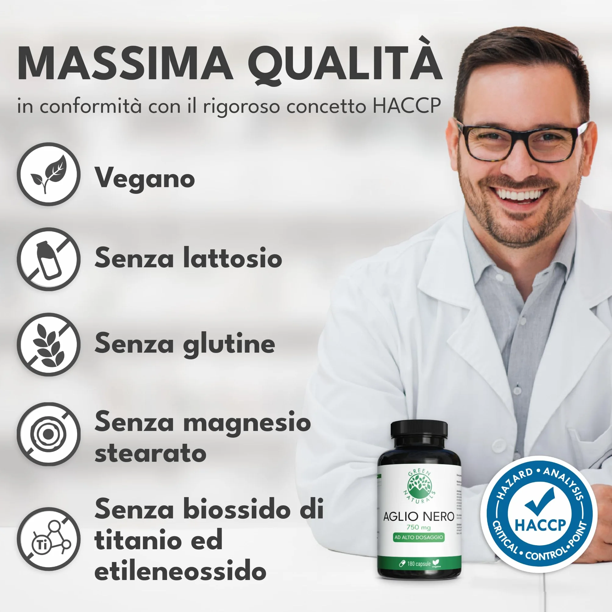 Green Naturals® Aglio Nero – Alto dosaggio 750 mg (estratto 15:1) – Equivalente a 11.250 mg per dose giornaliera – Black Garlic – 180 capsule
