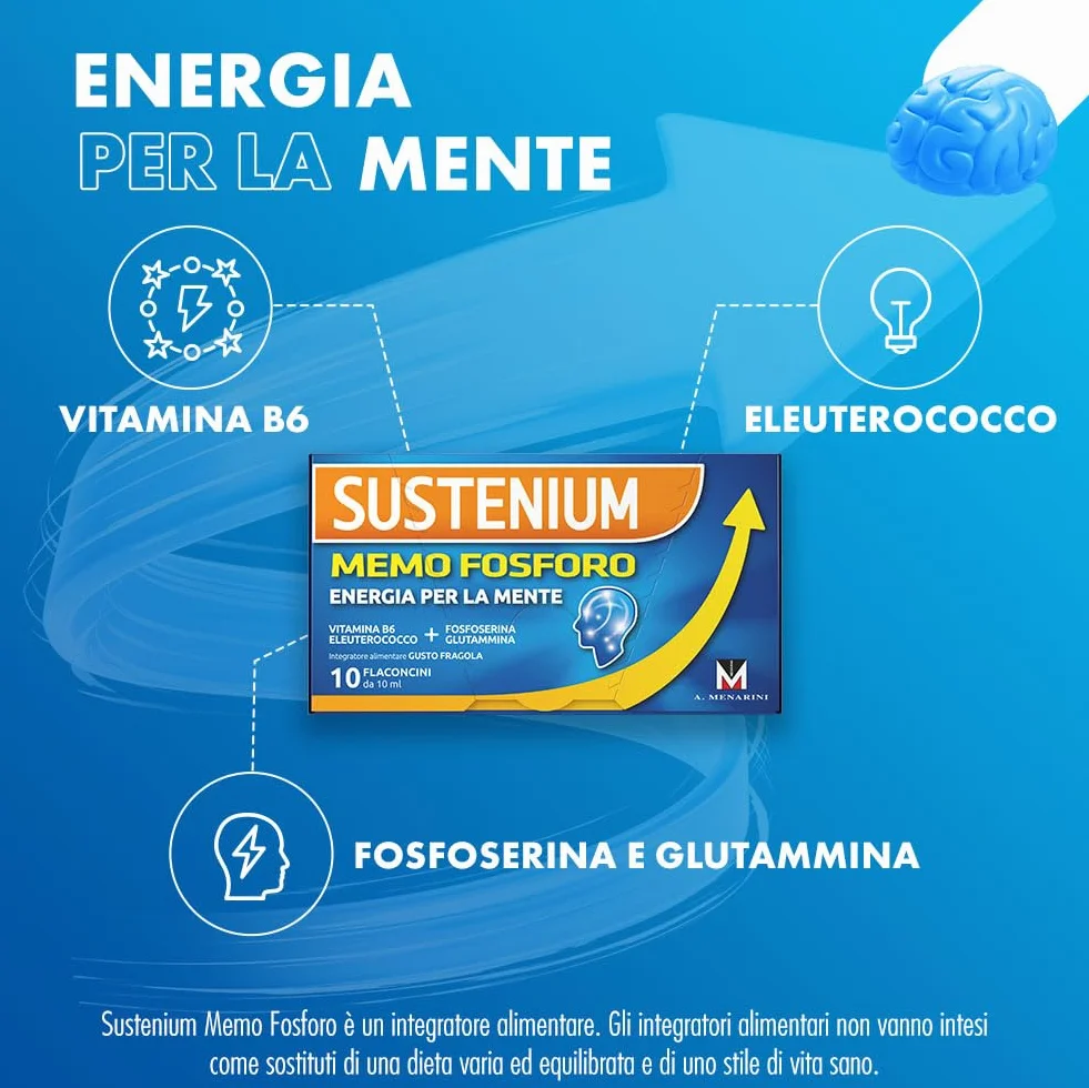 Sustenium Memo Fosforo - Integratore alimentare a base di Fosfoserina, Glutammina, Vitamina B6 ed Eleuterococco. Energia per la mente. Confezione da 10 flaconcini (10ml)