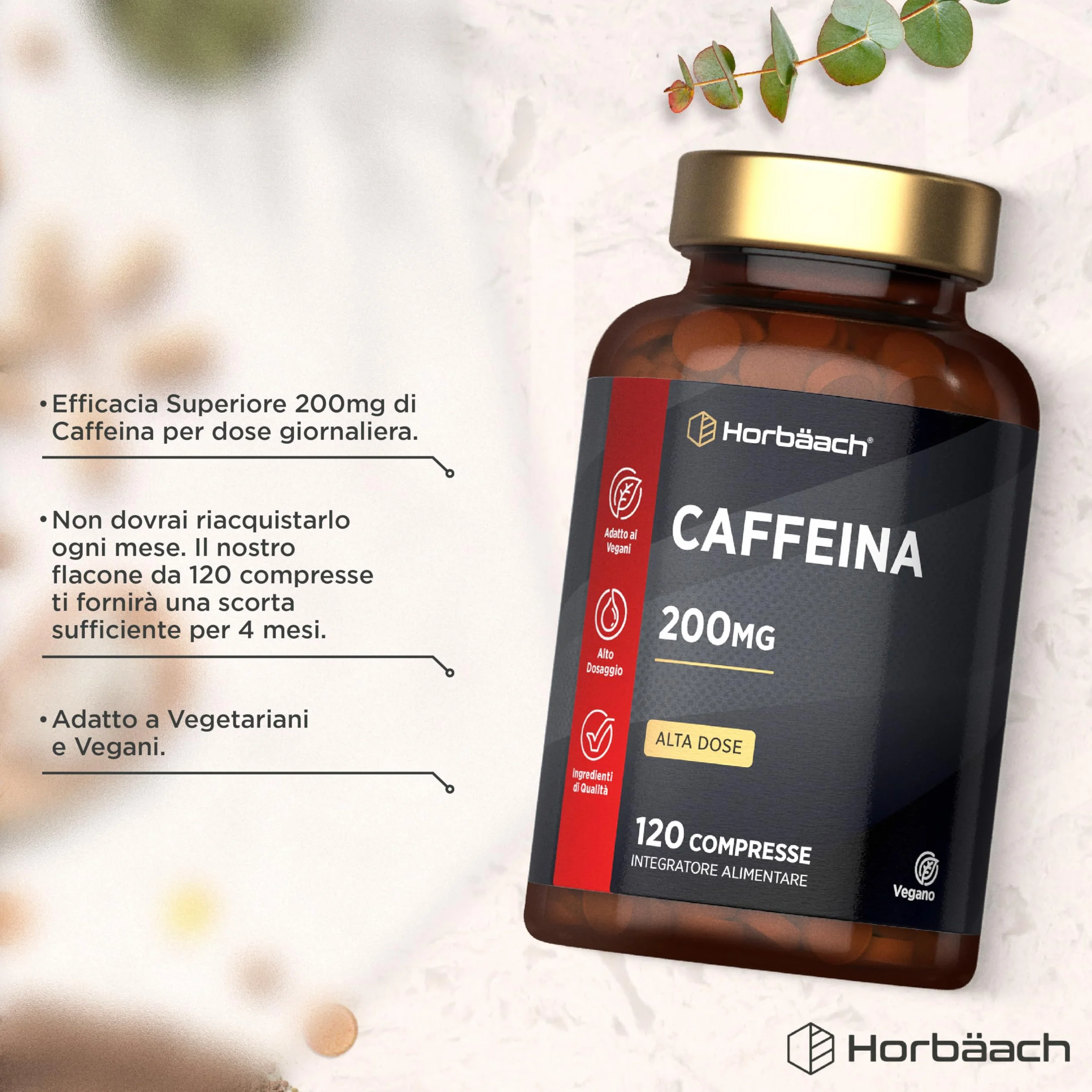 Horbaach Caffeina Integratore 200 mg 120 Compresse Vegane