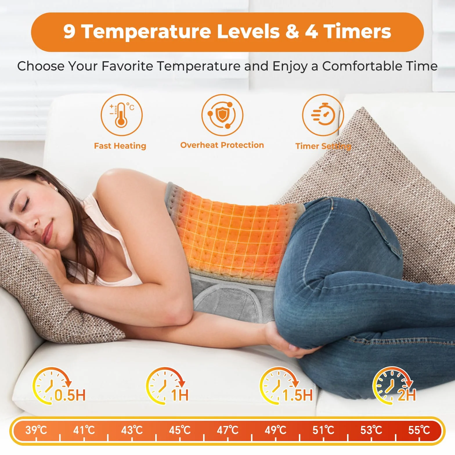 Souvik Termoforo Elettrico Lombare, Rapido Cuscino Termico Elettrico Per Schiena Spalle Addome, con 9 livelli di temperatura, 4 timer, lavabile in lavatrice per donne e uomini, 125 x 30 cm