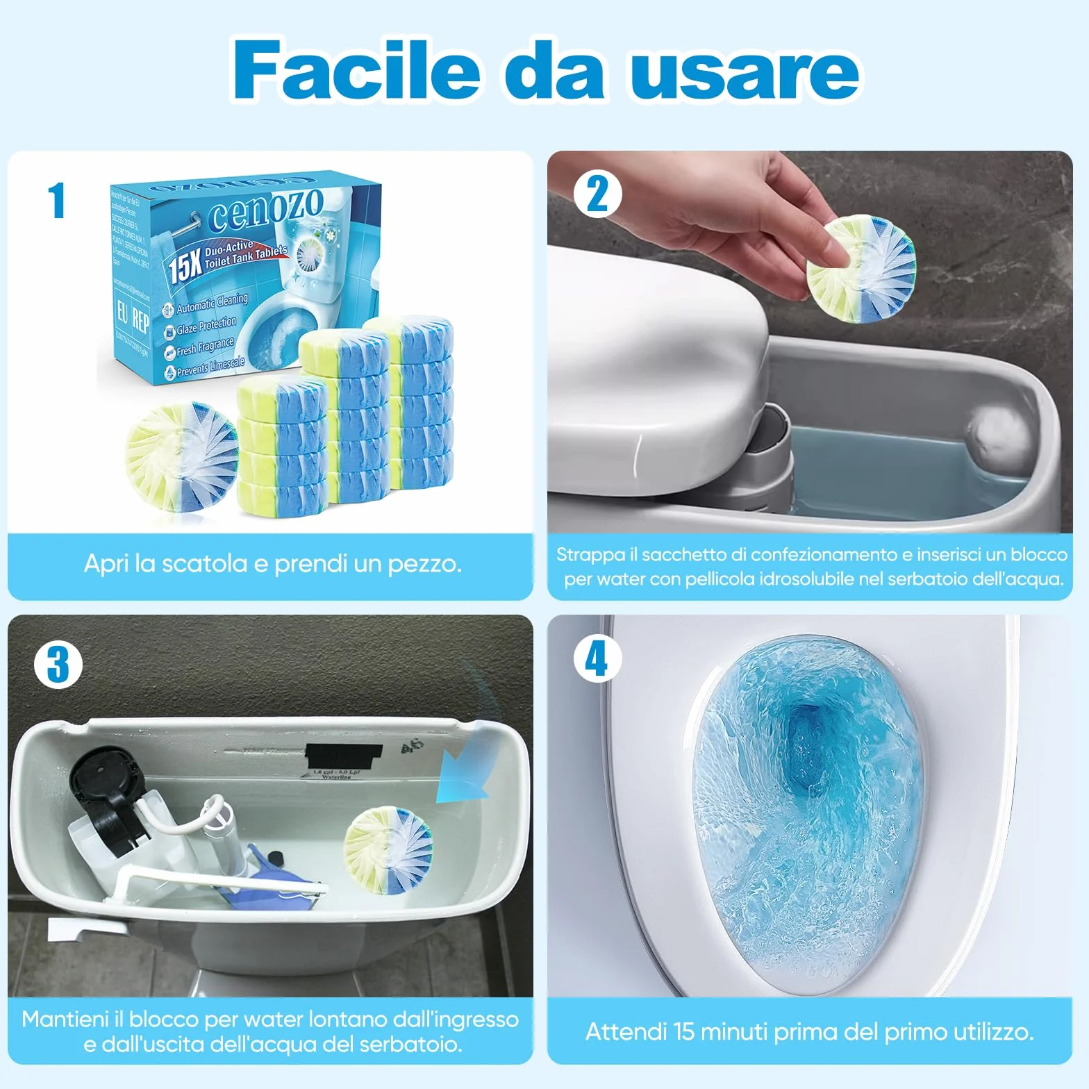 15 pezzi di Detergente per Wc,Detergente per Cassetta di Scarico a Doppia Azione (50 g/compressa),Previene Calcare e Sporco,Protegge lo Smalto,Profumo Rinfrescante