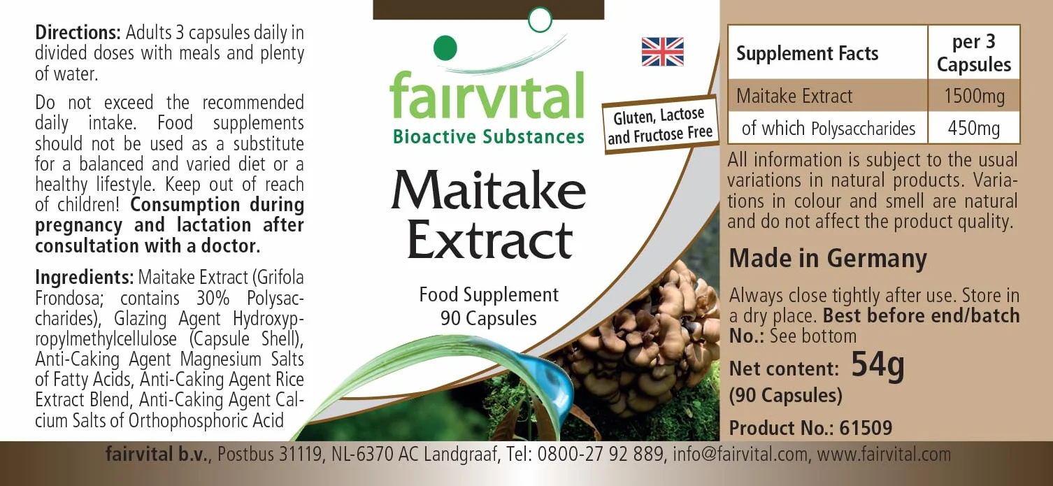fairvital Estratto di Maitake 500 mg, 90 capsule, facili da deglutire, ALTO DOSAGGIO, Grifola frondosa, 30% di polisaccaridi, VEGANO