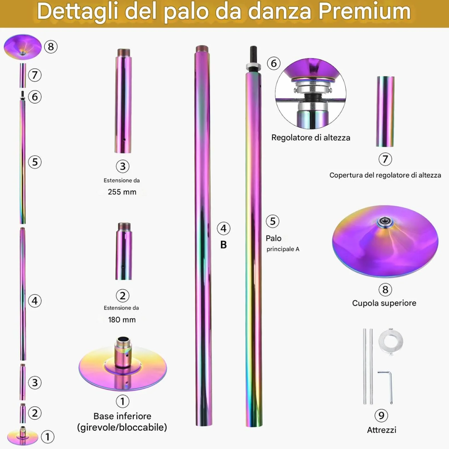 Palos Pole Dance Professionale Altezza Regolabile 223,5-274,5 cm 45 mm Rotante e Statico Portatile Nero/Multicolore