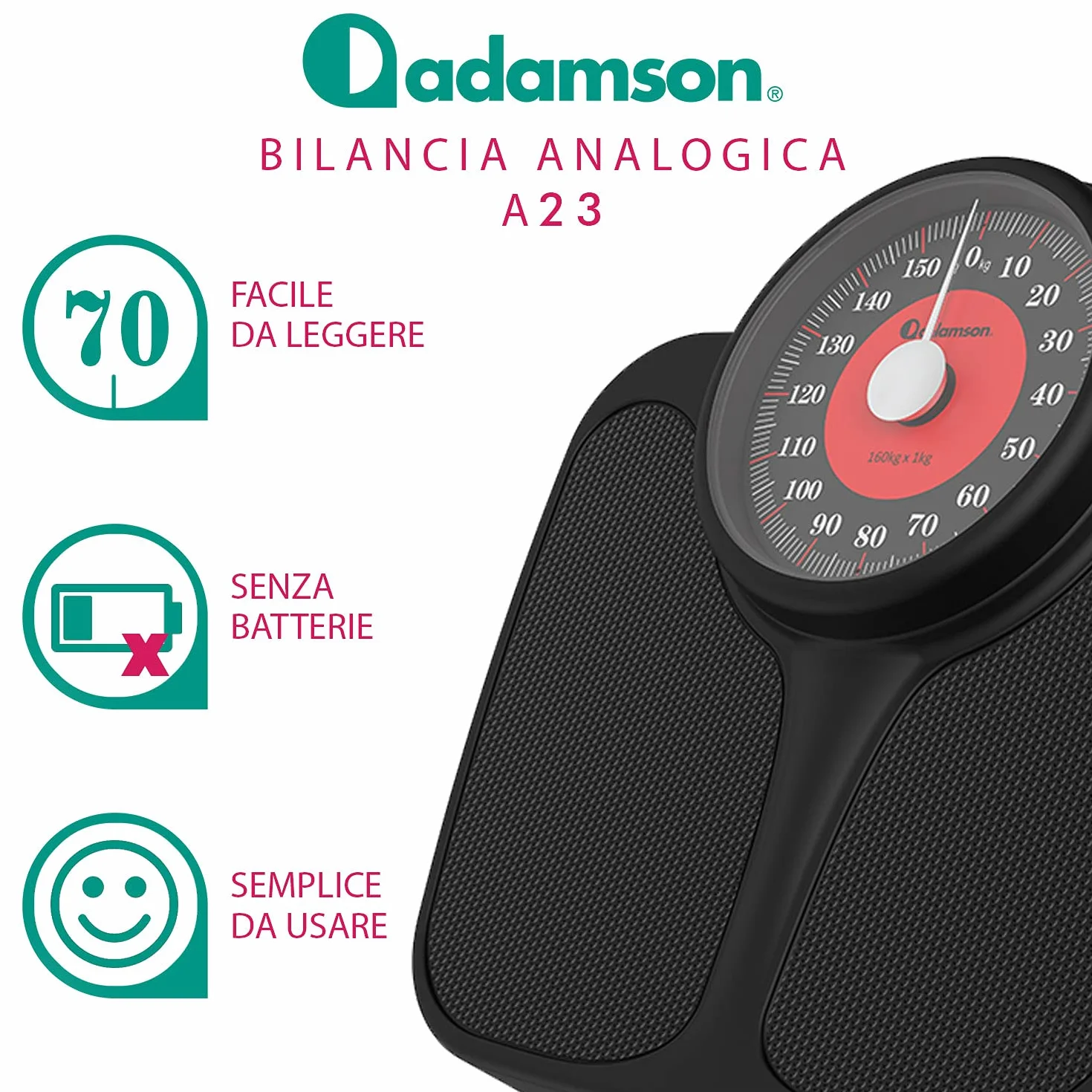 Adamson A23 Bilancia per Peso Corporeo - Fino a 160 kg - Bilancia XL Oversize 36 cm x 35 cm - Superficie in Gomma Antiscivolo Numeri Extra Grandi - Bilancia Pesapersone Analogica - 20 Anni di Garanzia