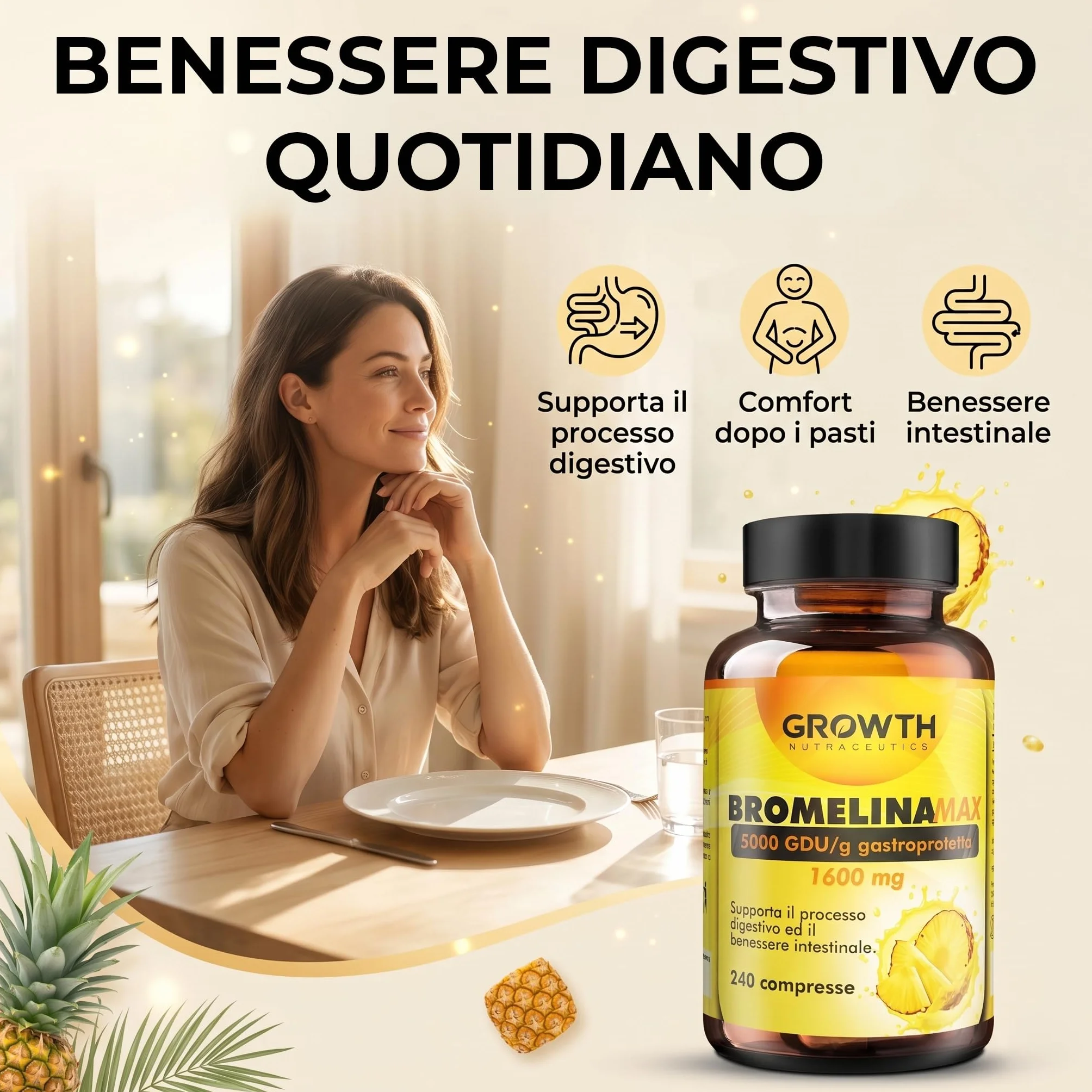 Bromelina 5000 GDU/g 240 Compresse Integratore di Bromelina da Ananas - Supporto Drenaggio Liquidi e Benessere Digestivo