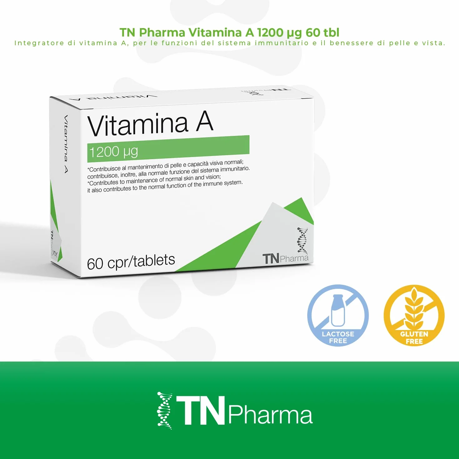 Tn Pharma Vitamina A, 1200 µg, 60 Compresse, Integratore Alimentare, Senza Glutine e Lattosio, Per Sistema Immunitario, Vista e Pelle