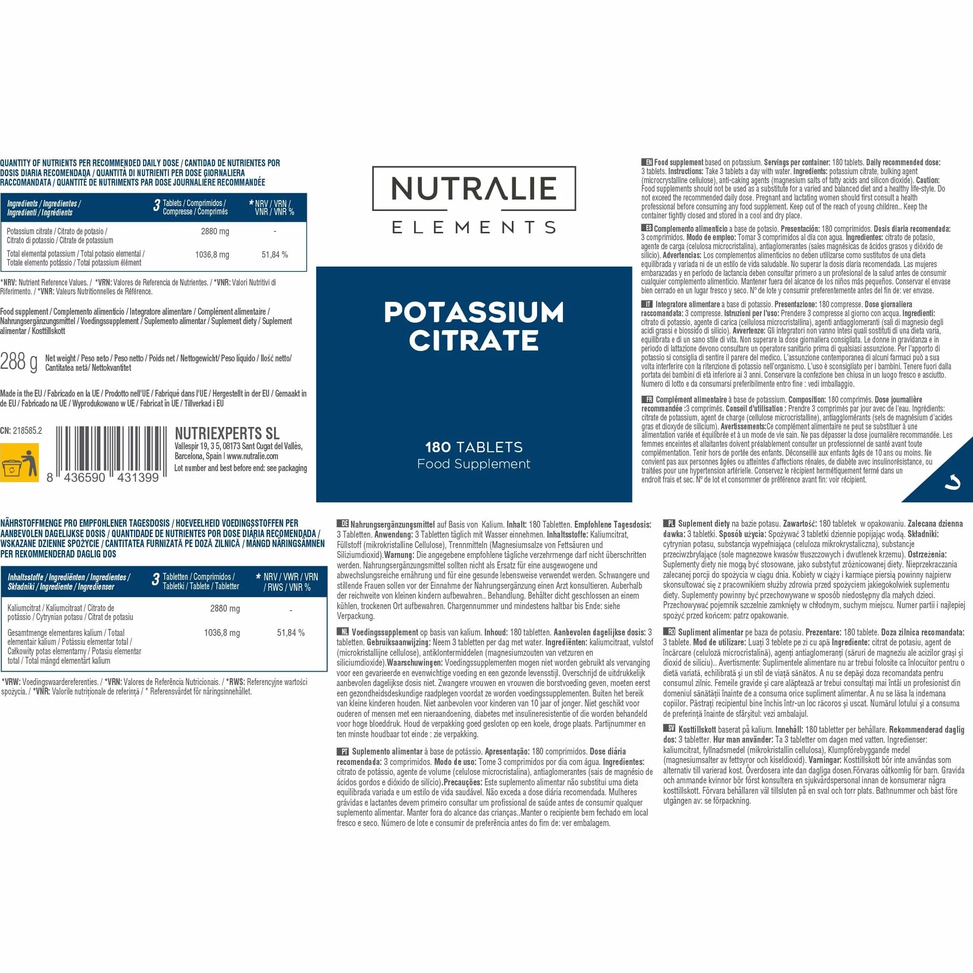 Potassio - Citrato di Potassio - 2880mg - 180 Compresse - Muscolo - Elemento Potassium +1000mg - Citrato di Potasio - 180 Compresse Nutralie