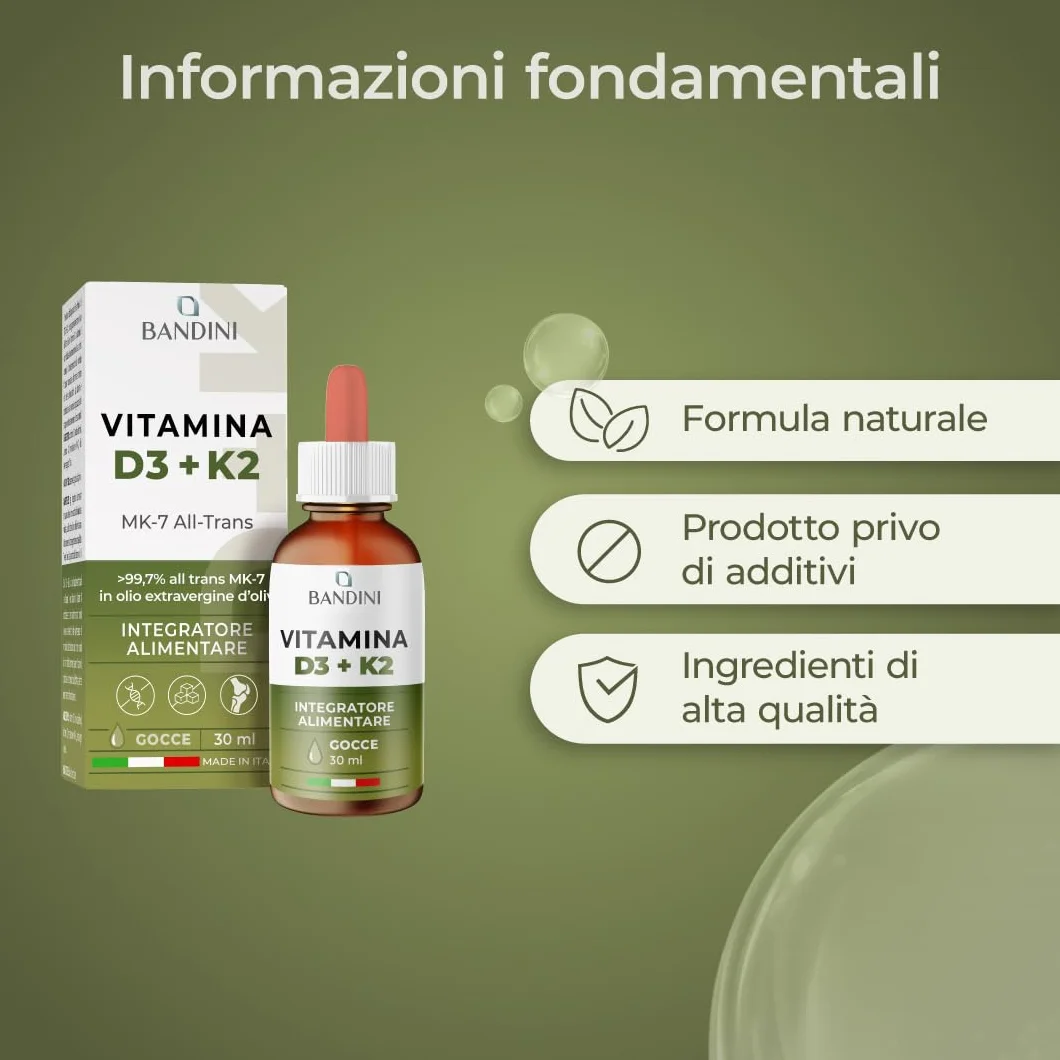 Bandini Vitamina D3 K2 Gocce in Olio Extra Vergine di Oliva EVO 1000 UI Colecalciferolo 100 mcg MK-7 Menachinone