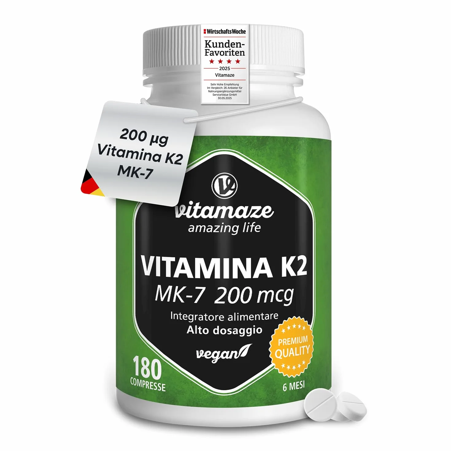 Vitamaze Vitamina K2 MK-7 200 mcg All Trans 100% Alto Dosaggio 180 Microcompresse Vegan