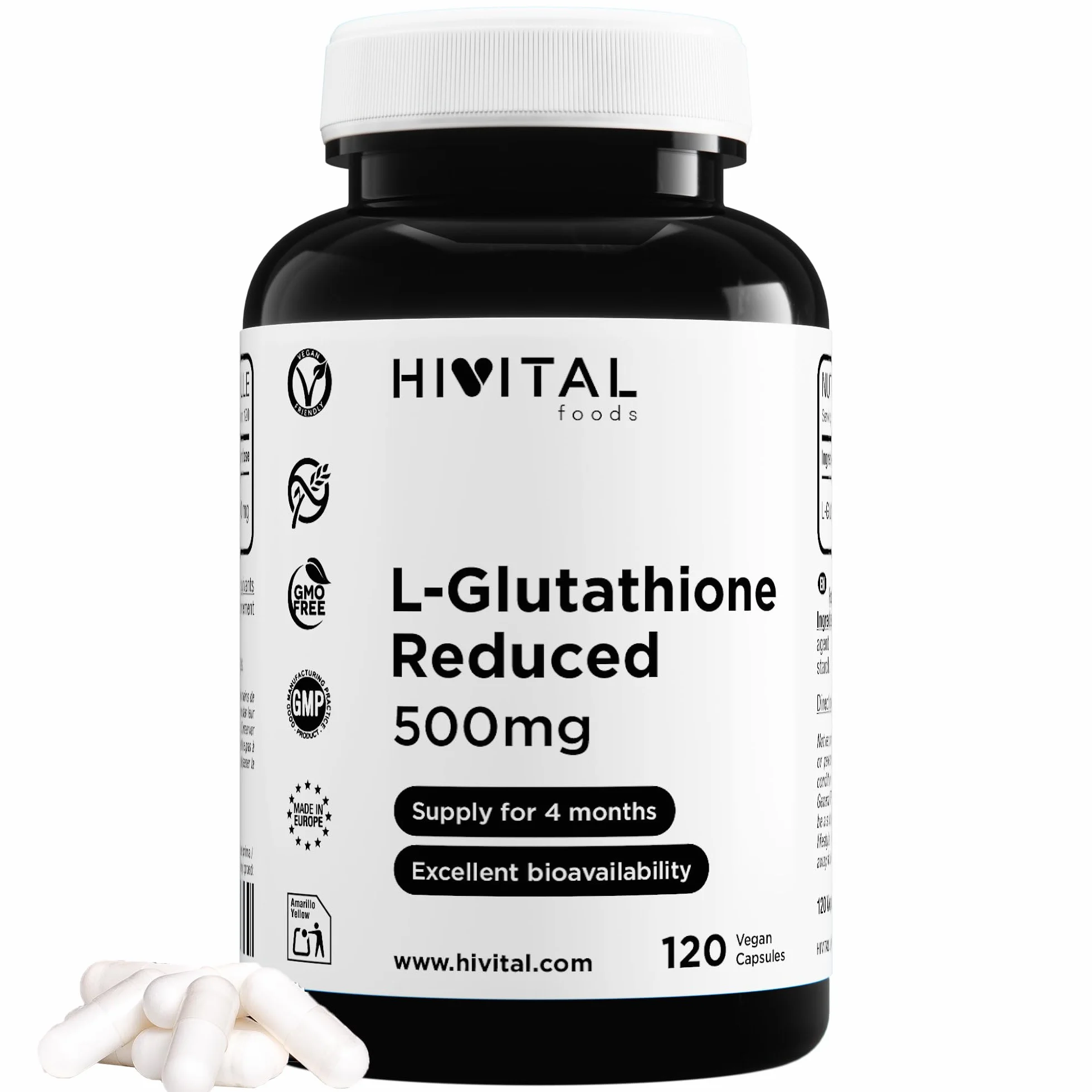 Glutatione 500 mg Ridotto al 98%. 120 capsule vegane per 4 mesi di trattamento. Realizzato con la molecola di Glutatione che ha il miglior assorbimento. Prodotto in Europa da HIVITAL