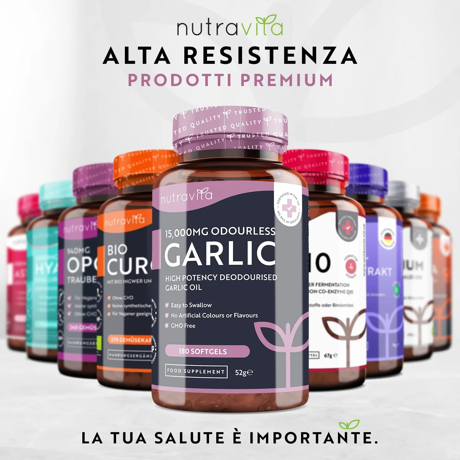 Nutravita Aglio Inodore in Capsule 15.000mg – 180 Softgels AltoDosaggio – Fornitura di 6 Mesi – Estratto di Olio di Aglio Puro ad Alta Qualità Deodorizzato Ricavato dall’Allium Sativum