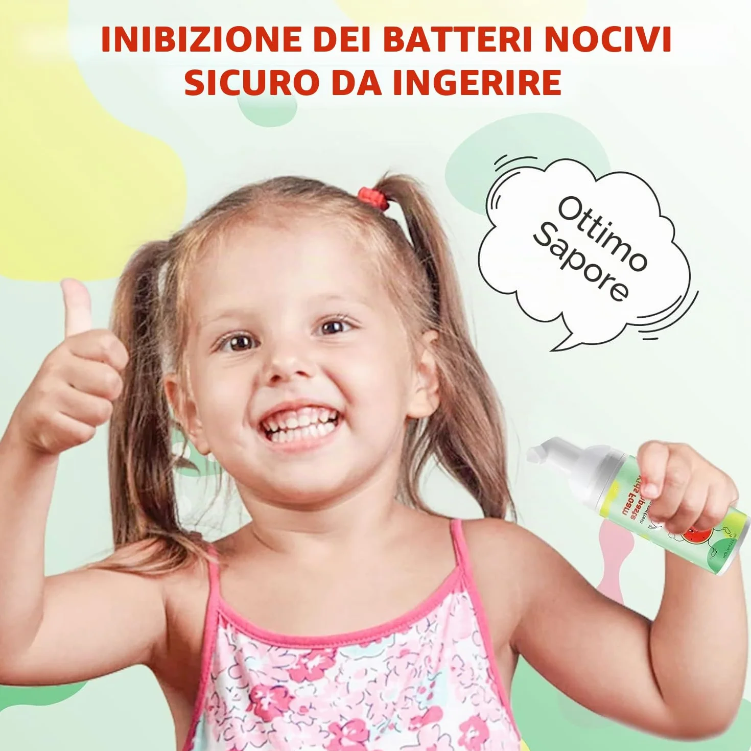 Dentifricio Schiuma Bambini, Riduce la Placca, Dentifricio in Schiuma Sbiancante a Basso Contenuto di Fluoro con Formula Naturale per Spazzolino a Forma di U dai 3 Anni in su (Fragola & Anguria)