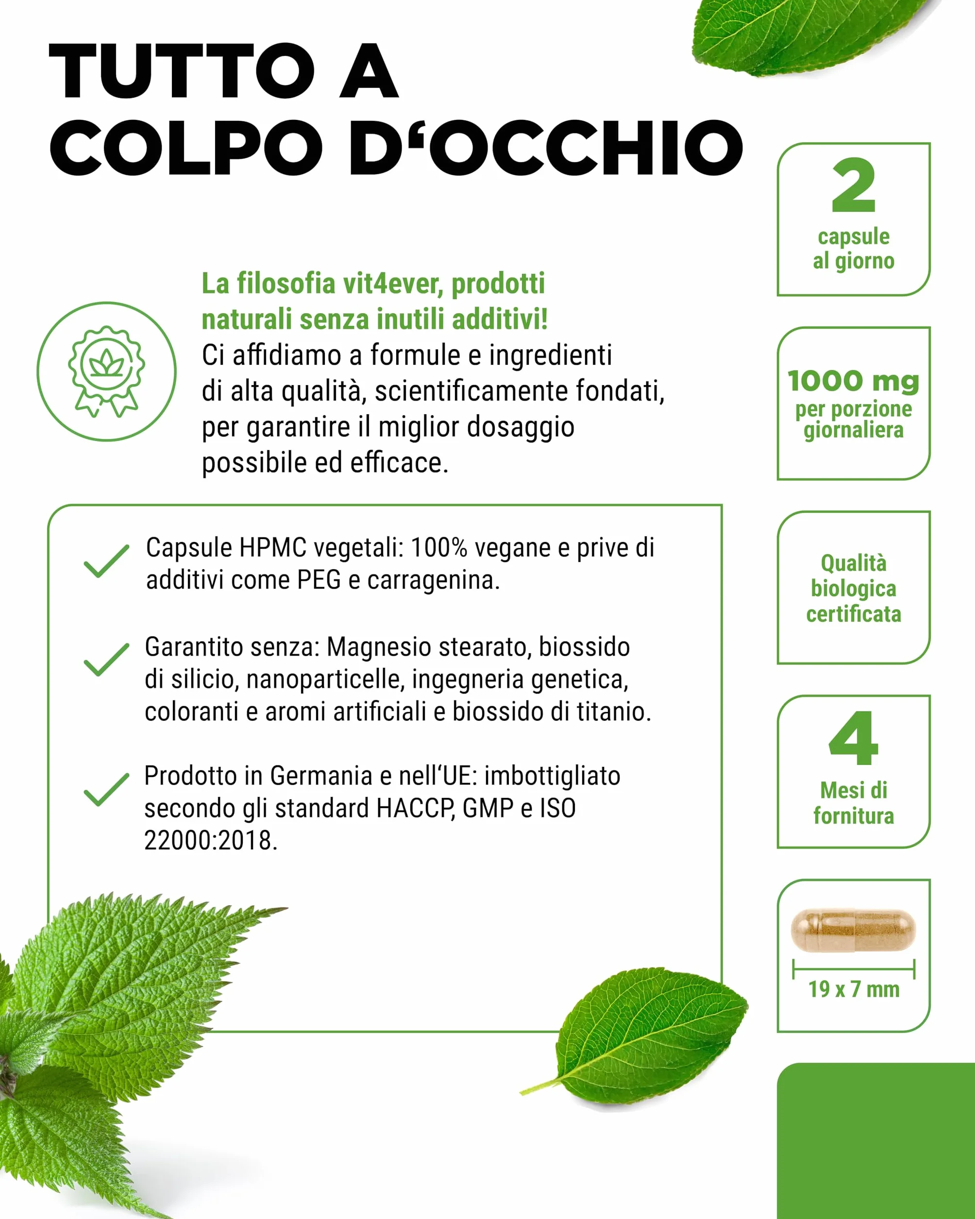 Ortica biologica 240 capsule 1000 mg per dose giornaliera Estratto 10:1 Vegan