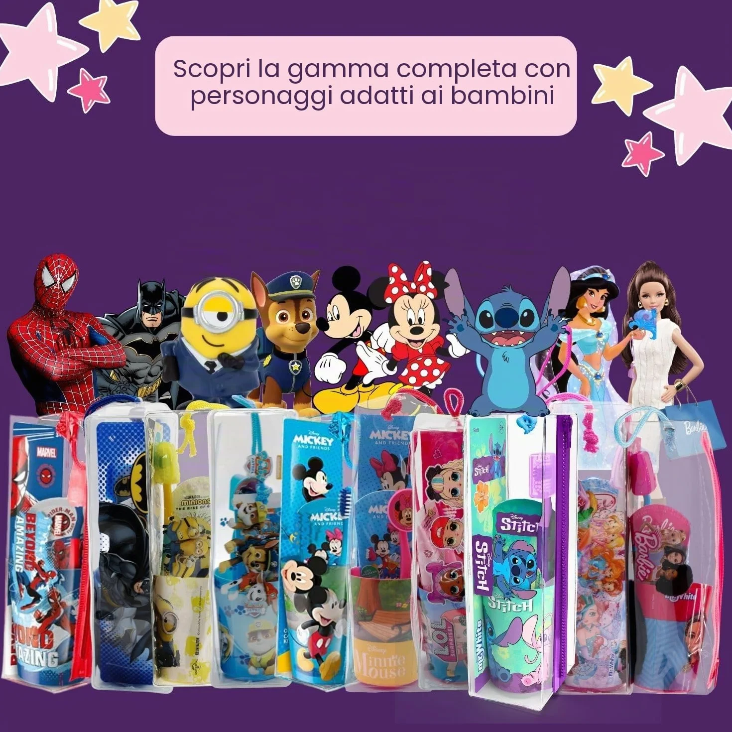 Disney Stitch - Set di spazzolini da denti per bambini, con setole morbide, ventosa e tappo protettivo, dentifricio alla menta e bicchiere multiuso, kit per l'igiene orale da viaggio per bambini dai 3