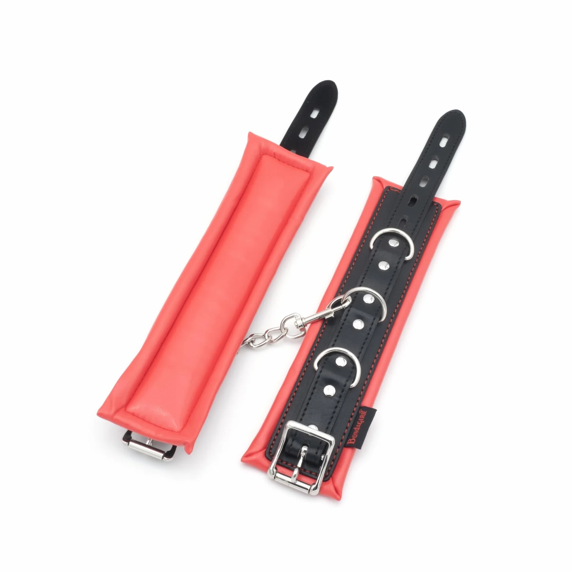 BONDAGERIE® Manette per Coppia Nero e Rosso, imbottite e morbide, sexishop uomo donna lui lei accessori catenina metallo