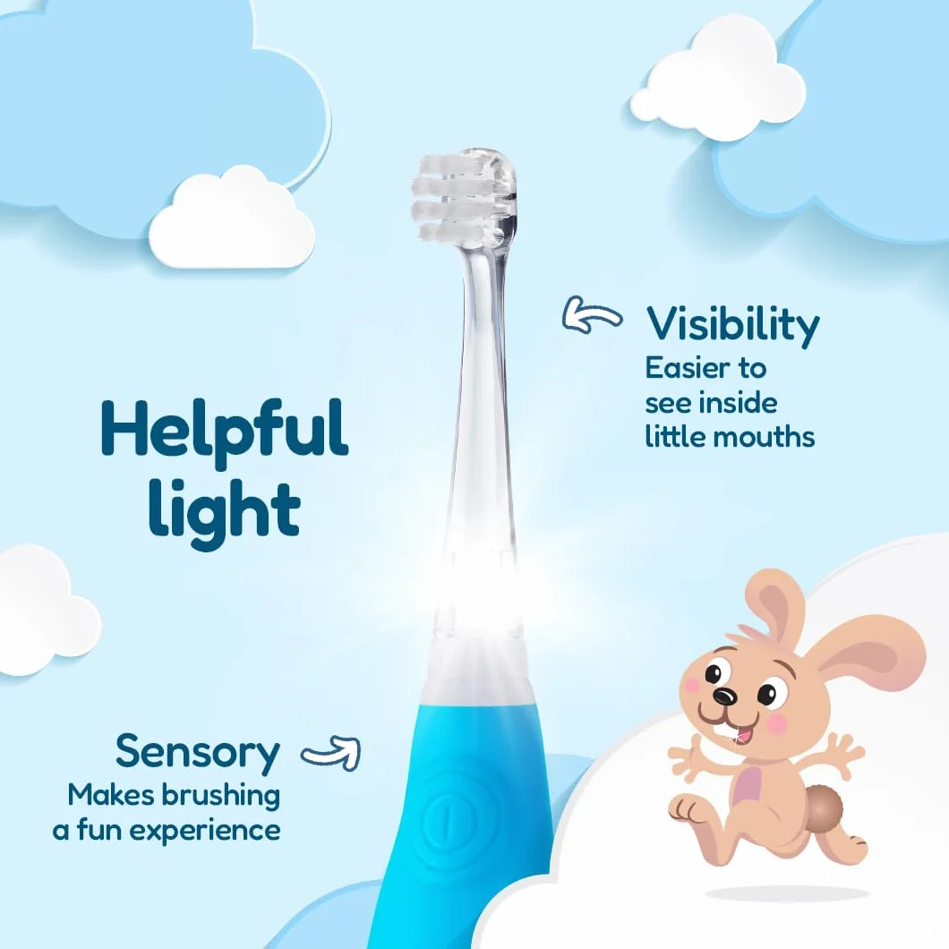 Brush-Baby - BabySonic - Spazzolino elettrico blu, 0-36 mesi, morbido e delicato, per gengive sensibili e denti nuovi, con luce LED e base di aspirazione, testine per neonati e bambini