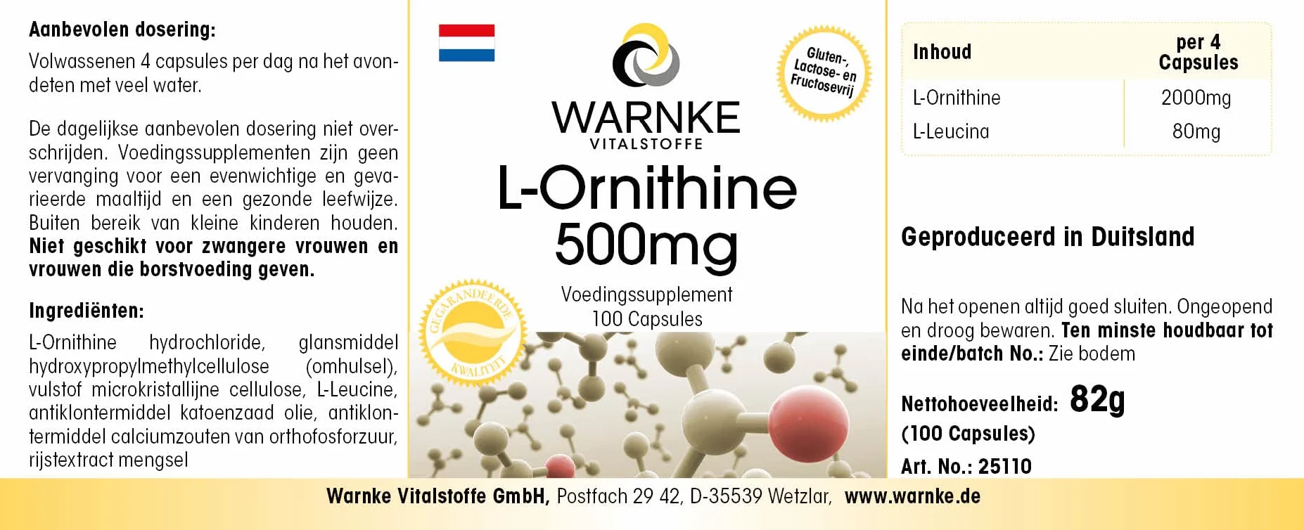Warnke Vitalstoffe L Ornitina 500mg 100 Capsule Vegan