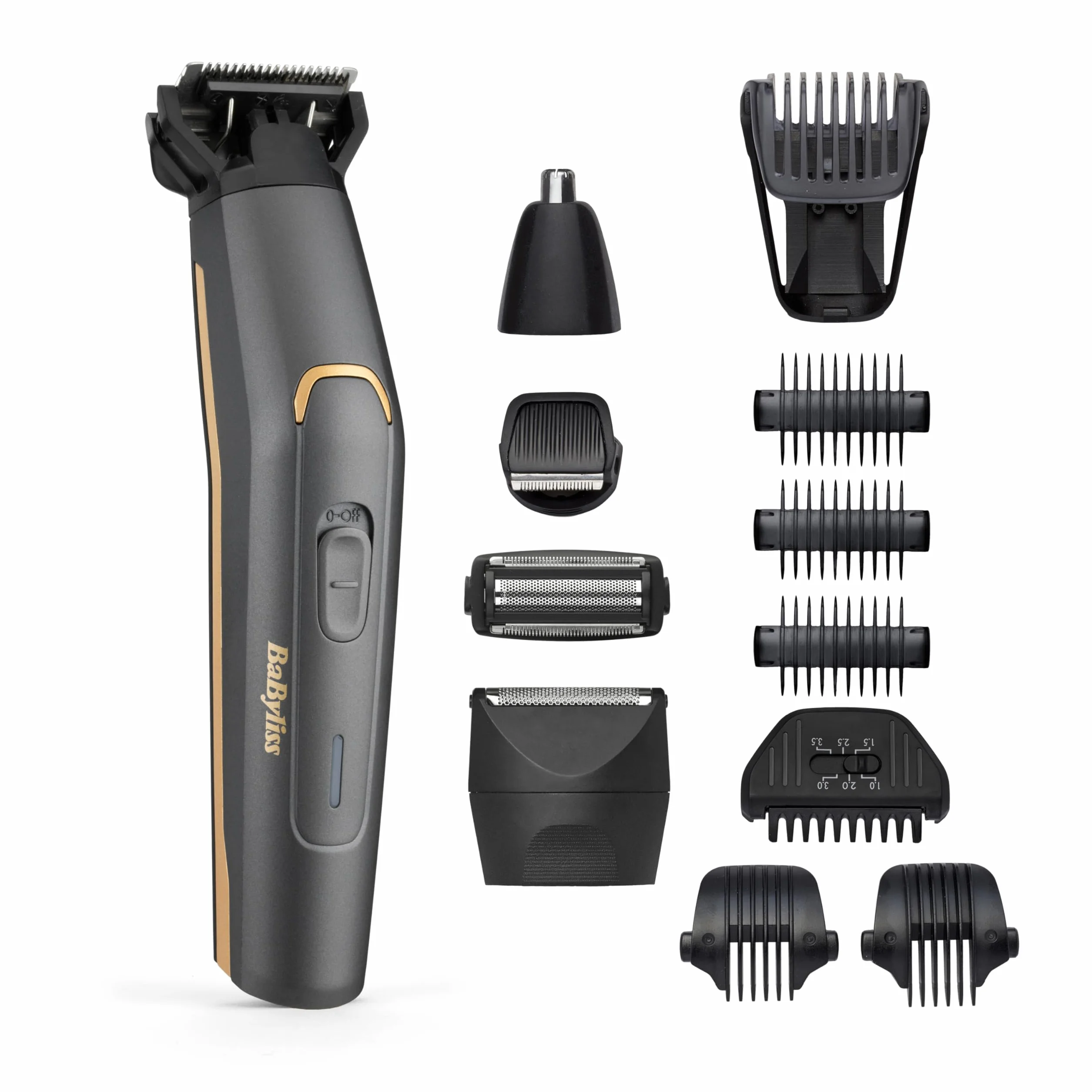 BaByliss MT987E Multi-Trimmer Graphite Precision 12 in 1, Cordless, Testina di precisione, Testina corpo, Testina barba, Testina naso/orecchie, Testina rasatura
