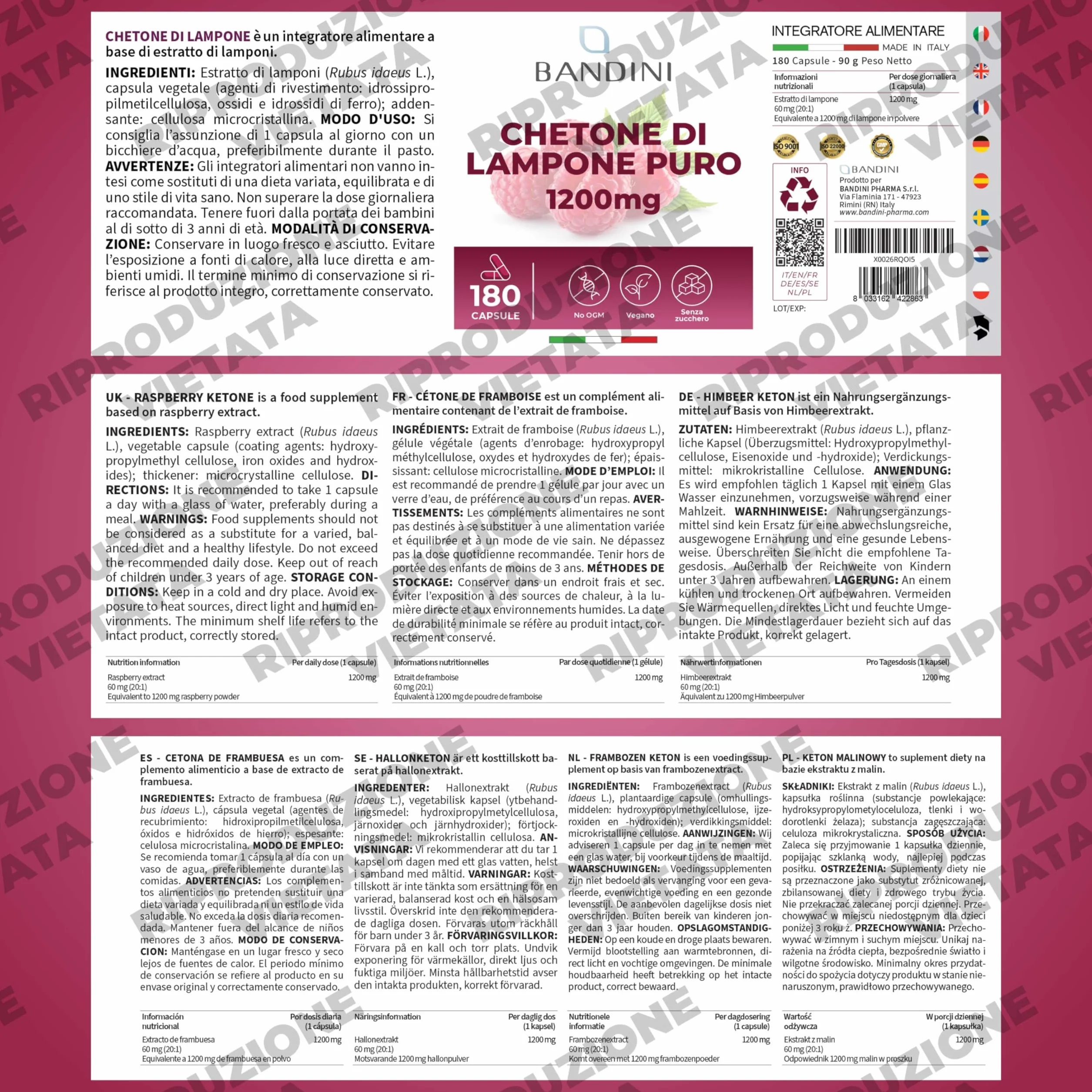Bandini Chetone di Lampone Puro 1200mg Integratore Vegano 180 Capsule