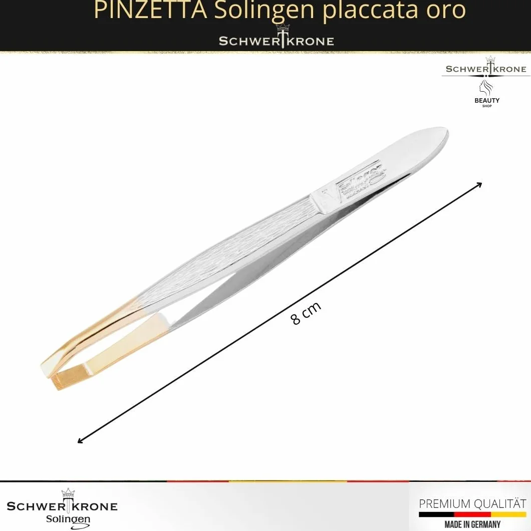 SCHWERTKRONE Pinzetta Professionale Solingen 8 cm - Inclinata e Angolata per Sopracciglia - Placcata Oro, Prodotto in Germania
