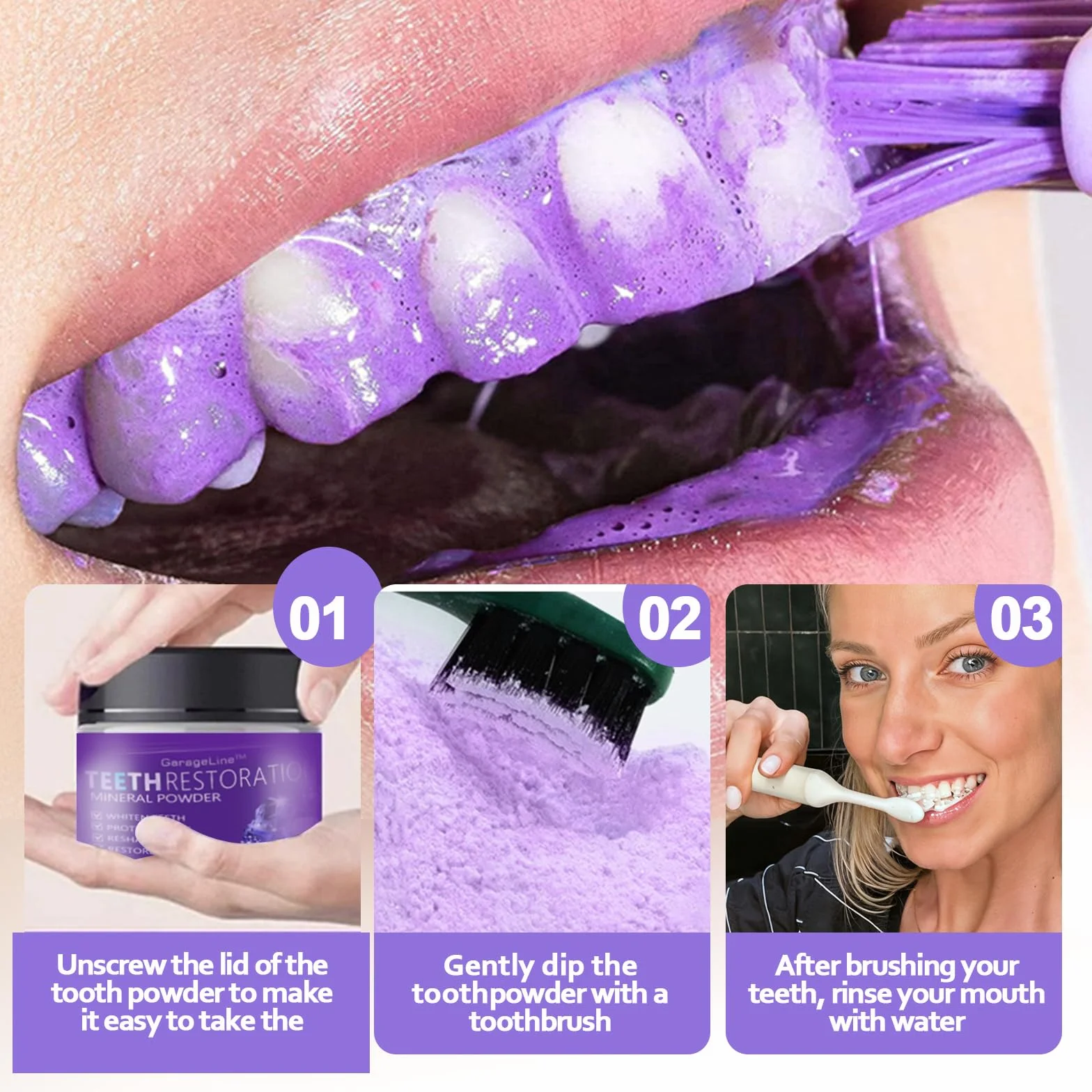 Polvere Sbiancante Denti 50g, Sbiancamento Dentale Professionale a Casa, Elimina Macchie da Caffè/Thè/Fumo, Per Denti Sensibili