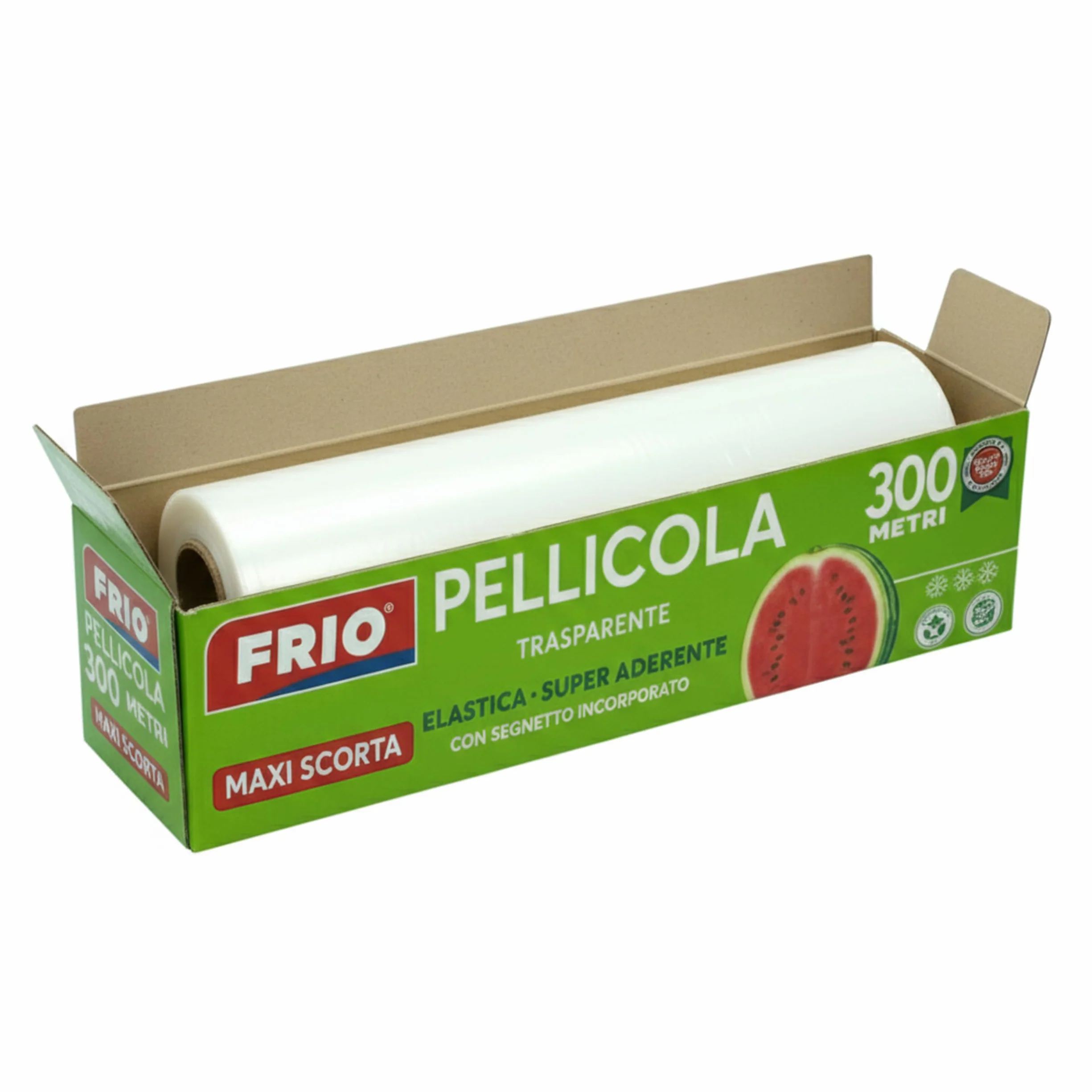 FRIO - 1 Rotolo Pellicola Alimenti 300m - Superaderente - Astuccio Professionale con Seghetto - Elastica e Autosigillante per Conservazione e Avvolgimento - Ideale per contenitori e vaschette metallo