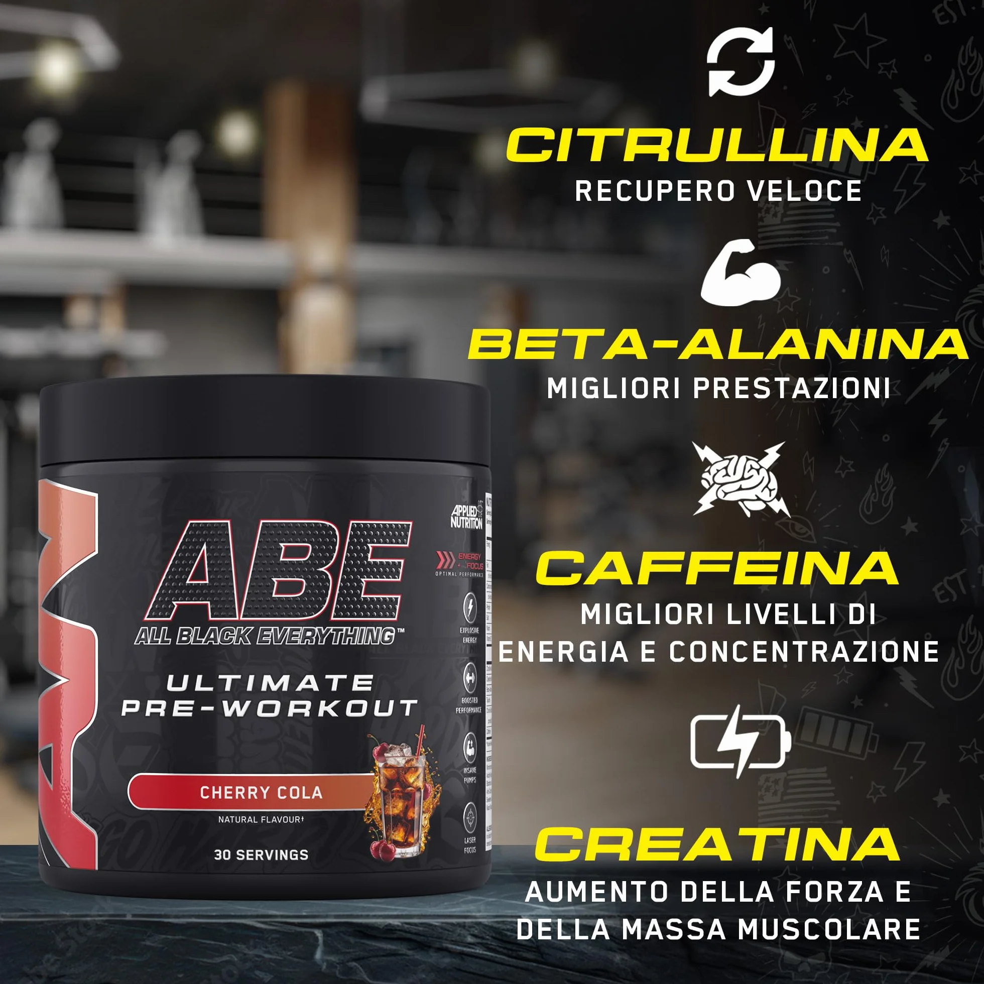 Applied Nutrition ABE All Black Everything Pre Workout Powder Energy, Performance fisica con citrullina, creatina, beta alanina, caffeina, Vitamina B complex, 315 gr, 30 porzioni (Strawberry Mojito)