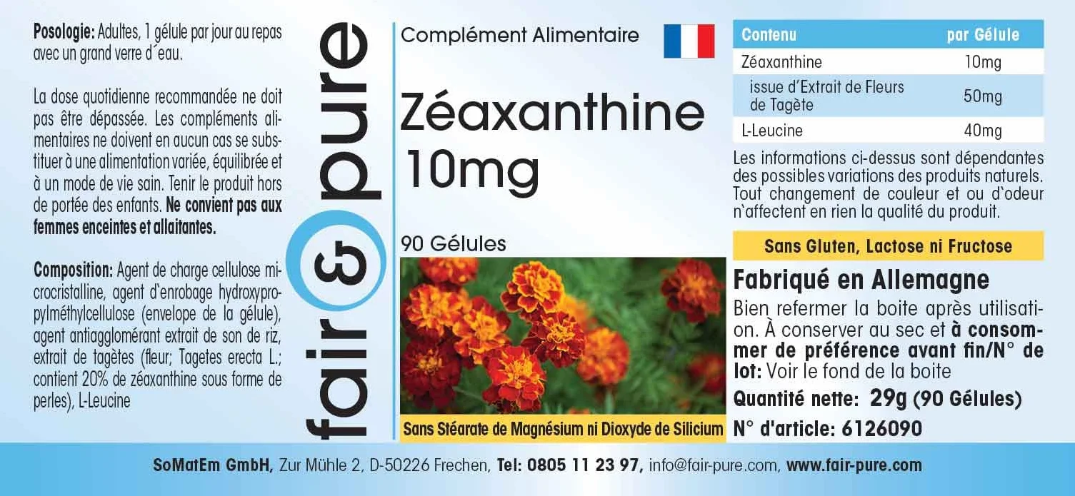 Fair & Pure Zeaxantina 10mg Naturale da fiore di calendula Vegan 90 Capsule