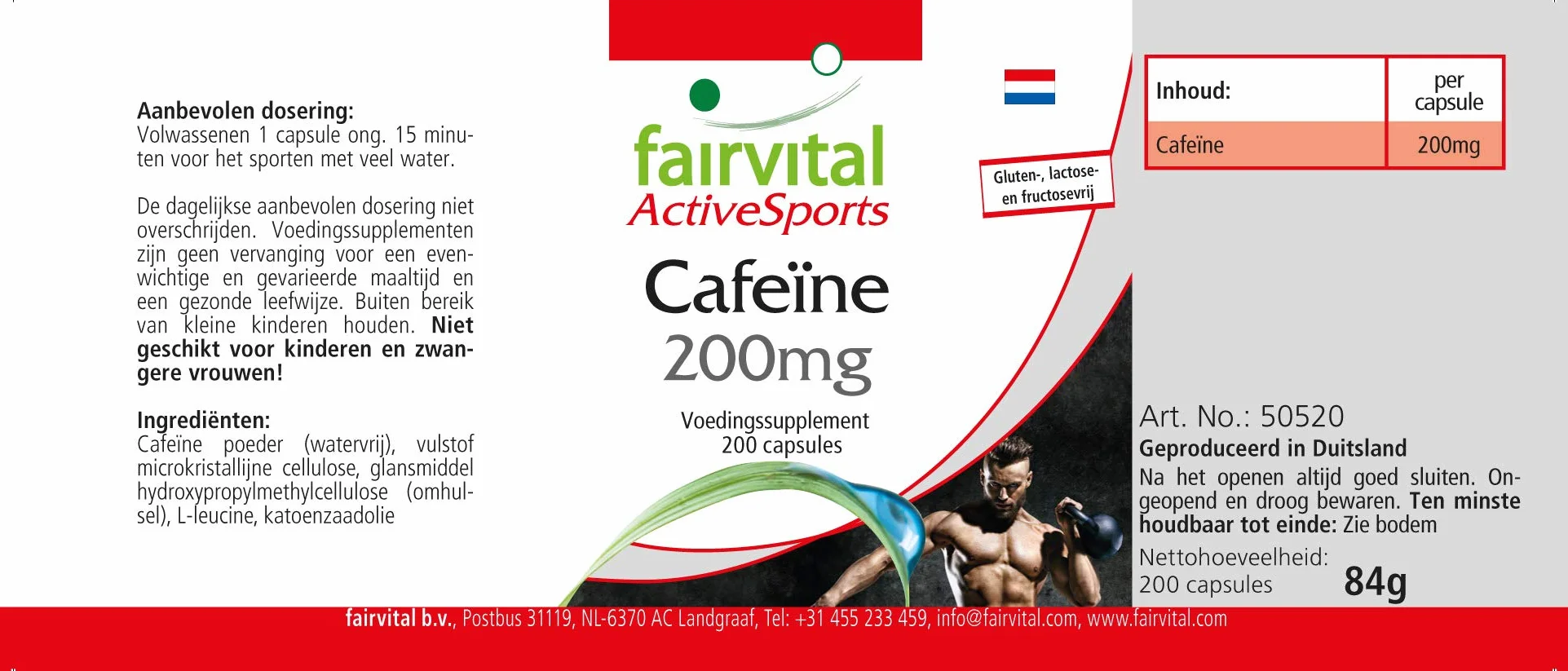 Fairvital Capsule di caffeina 200 mg, 200 capsule vegane ad alto dosaggio