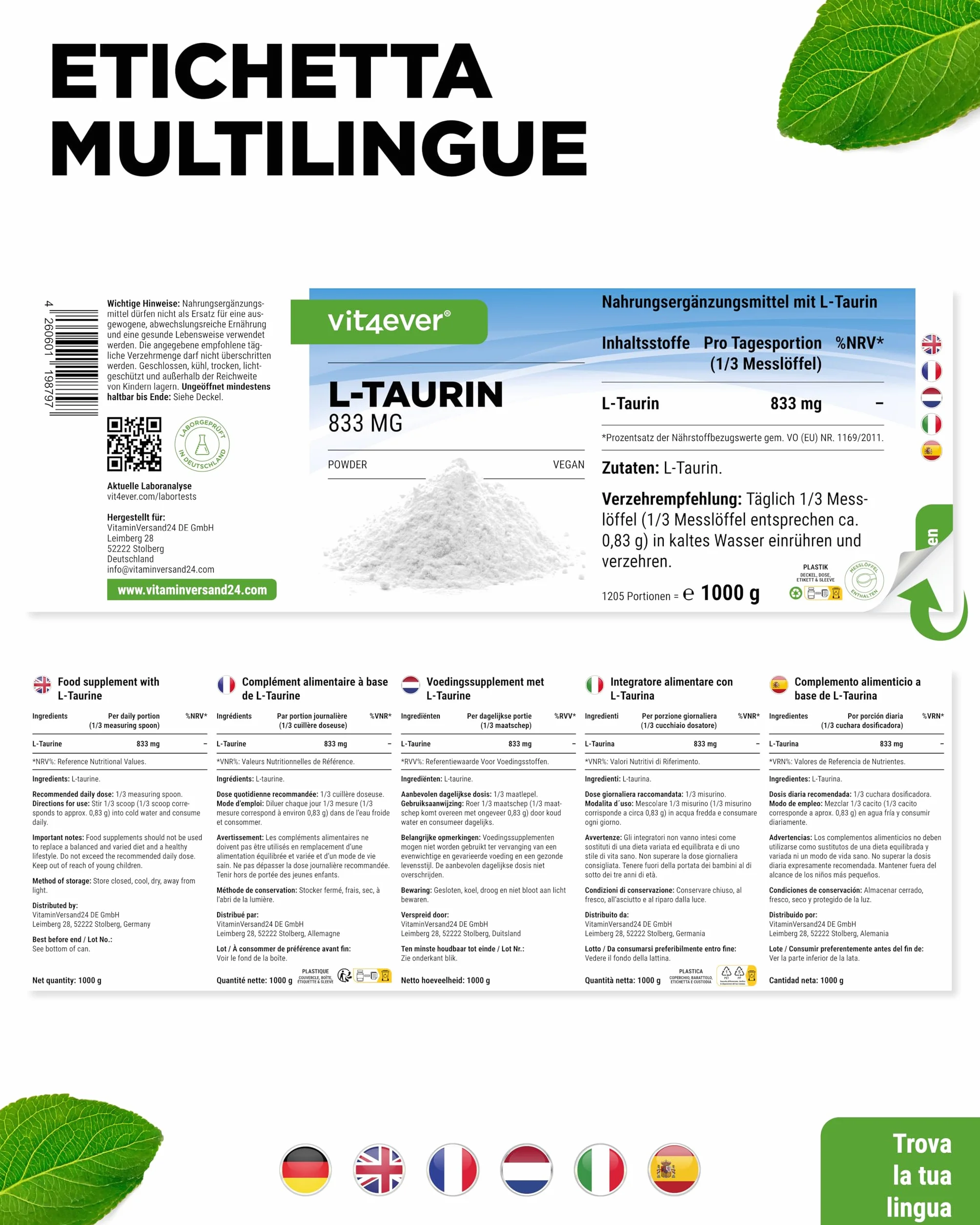 Taurina in polvere - 1000g (1kg) - Solubilità ottimale - Vegan - 99% di purezza - Qualità Premium testata in laboratorio - L-Taurina Aminoacido