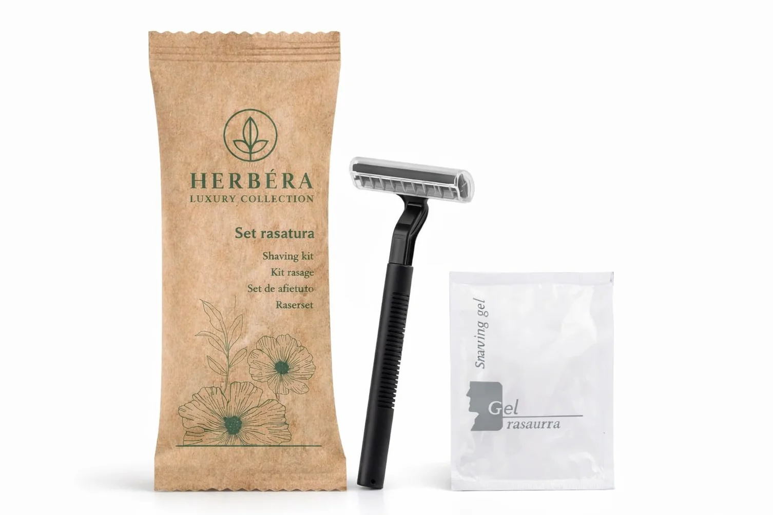Set Rasatura kit barba con rasoio e gel conf. 50 pz HERBERA Luxury monouso e monodose linea cortesia hotel in confezione carta Bio riciclabile