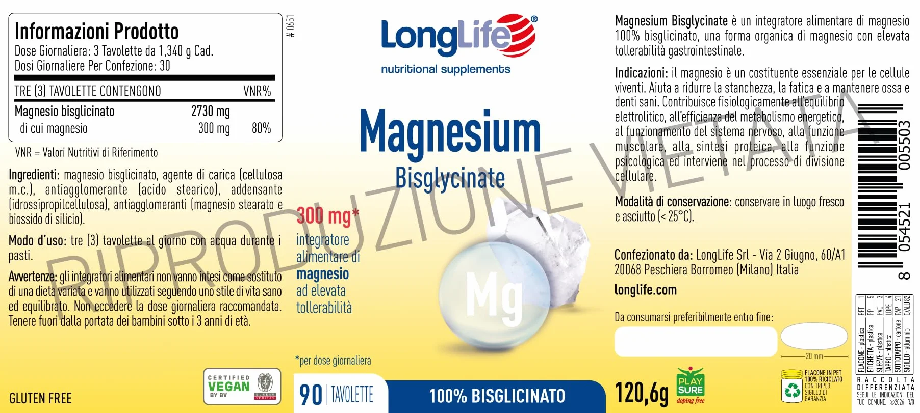 LongLife® Magnesium Bisglycinate | 100% magnesio bisglicinato | Elevata tollerabilità e biodisponibilità | Integratore di magnesio per rilassamento e stress | 90 tavolette | Vegano e senza glutine
