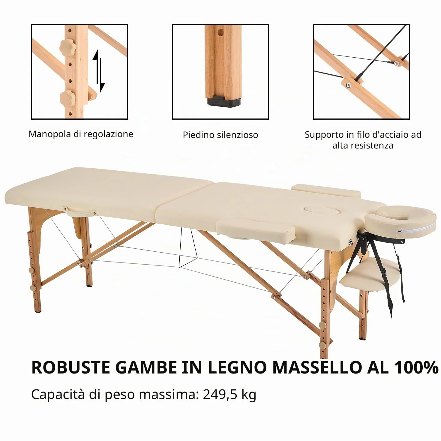 YOUNIKE Lettino Massaggio Portatile Pieghevole 186x60 cm Legno Faggio 2 Zone 250 kg Altezza Regolabile Poggiatesta Braccioli Rimovibili Beige