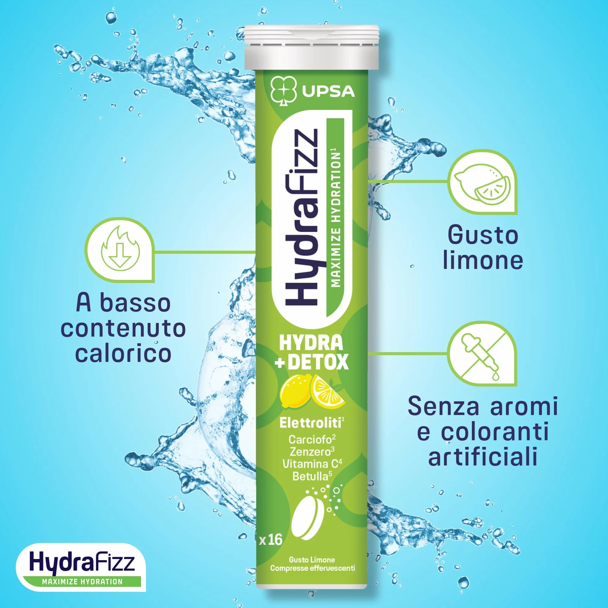UPSA Hydrafizz Detox 16 Compresse Effervescenti Integratore Alimentare con Elettroliti Carciofo Zenzero Gusto Limone