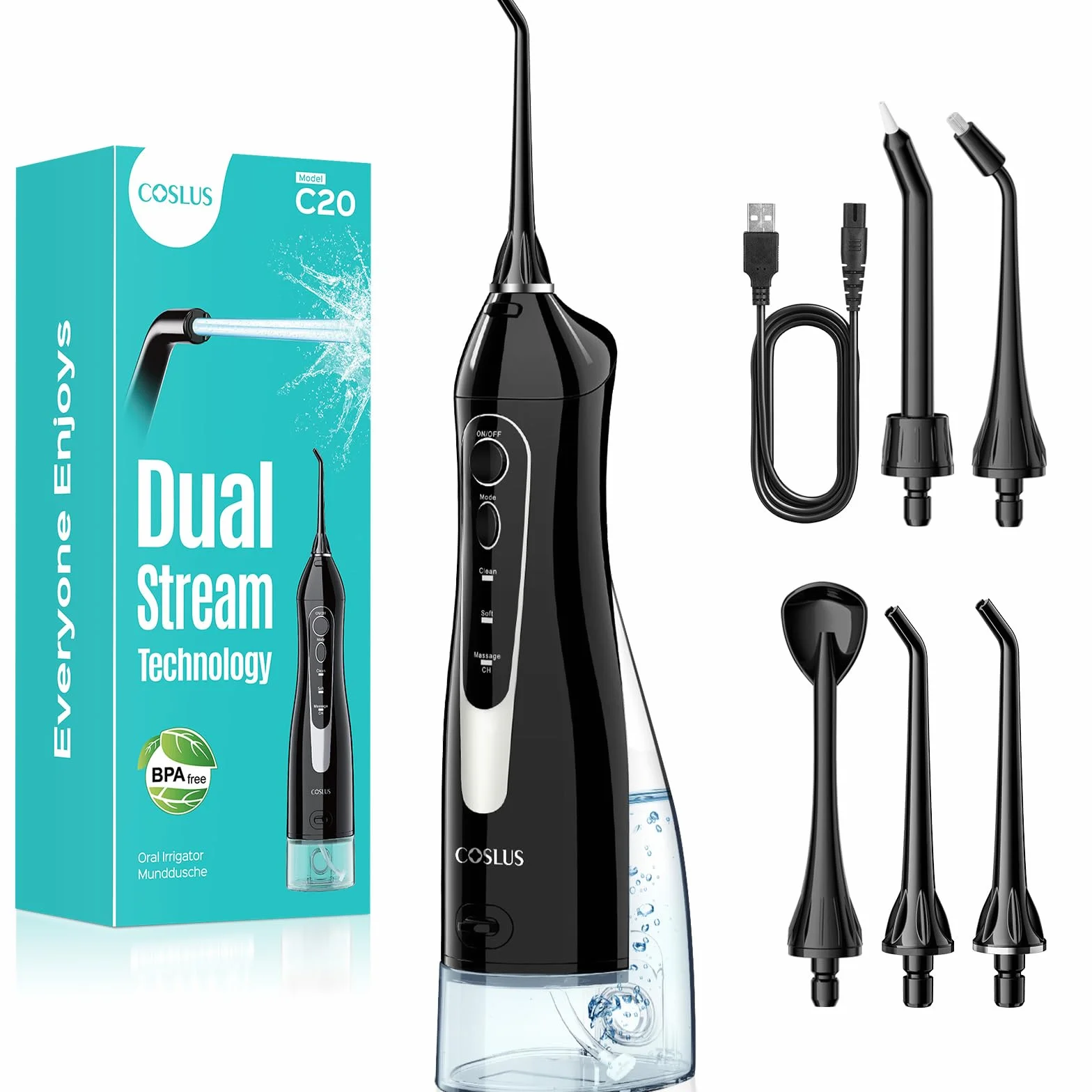 COSLUS C20 Idropulsore Dentale Portatile Senza Fili, 300 ML Irrigatore Idropulsore Ricaricabile Foppio Flusso Impermeabile IPX7 Water Orale Flosser Pulizia Denti Ideale per Viaggi a Casa Nero