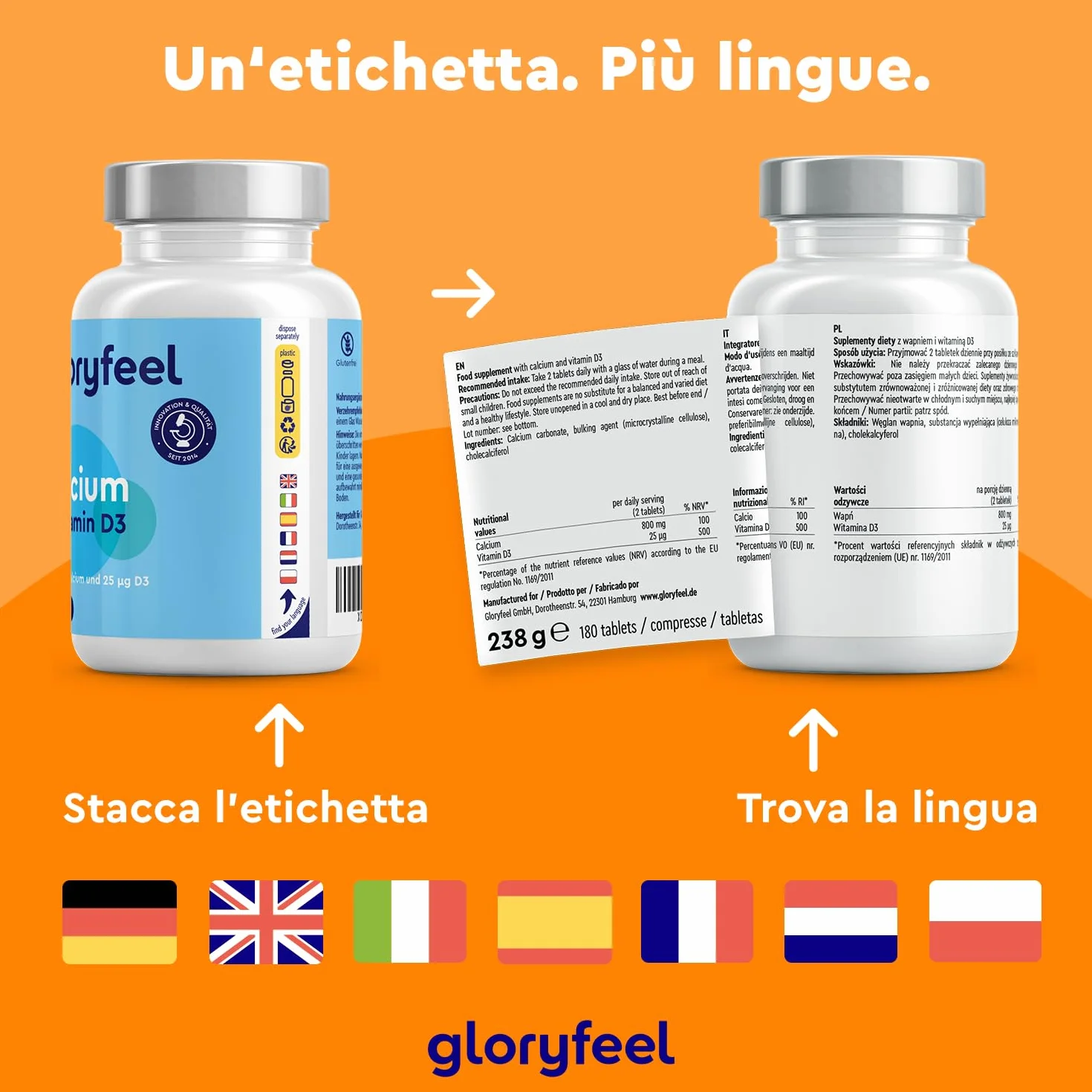 Integratore Calcio e Vitamina D3, 180 Compresse, Eletto PRODOTTO DELL'ANNO 2025, (Scorta per 3 Mesi), Calcio 800 mg e Vitamina D3 25µg, Integratore per il Supporto delle Ossa*, Senza OGM
