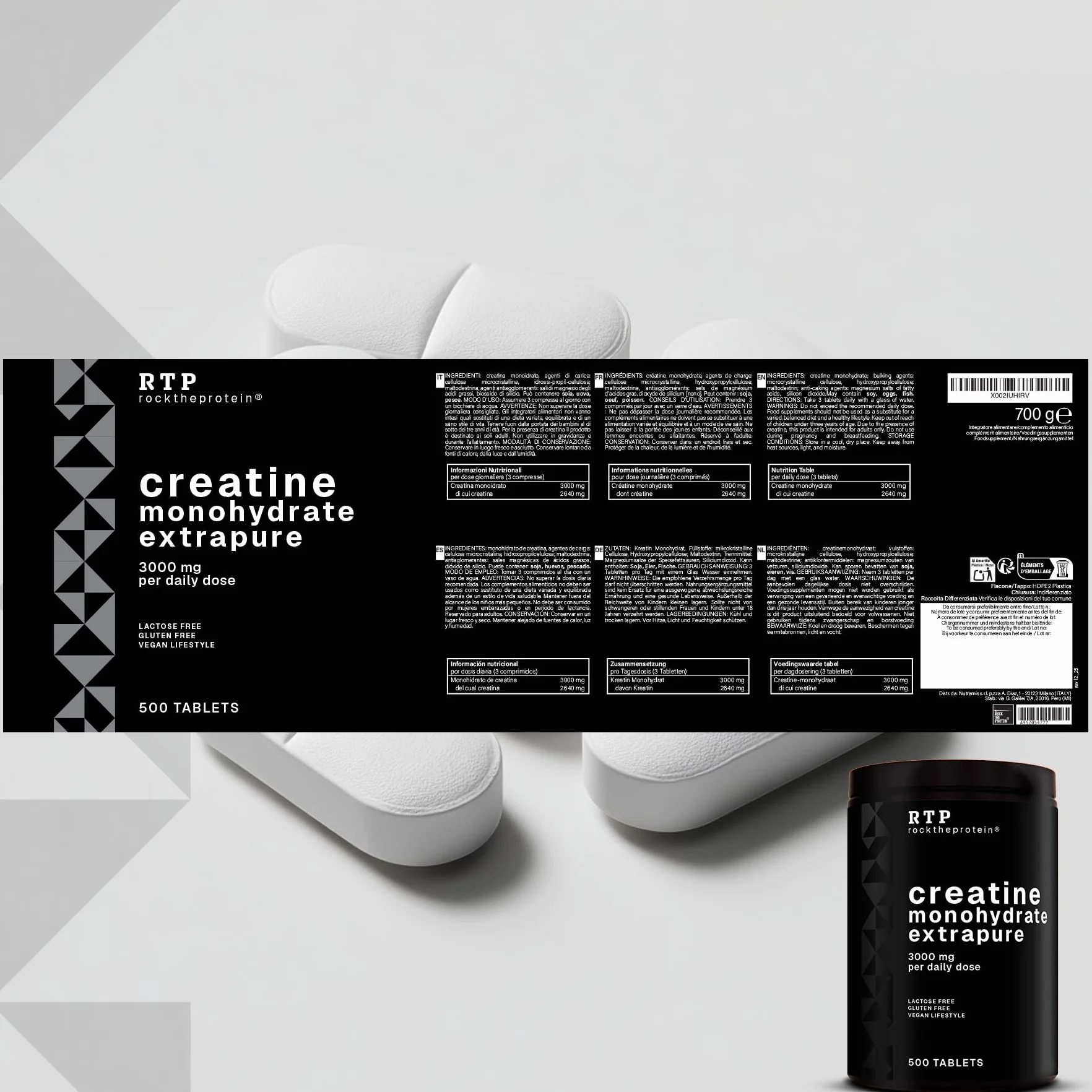 Creatina Monoidrata Compresse RTP – da 3000 mg Creatine Monohydrate – Creatina Pura in Pastiglie – Integratore per Sport, Palestra e Post Workout – 500 Compresse Senza Glutine, Senza Lattosio