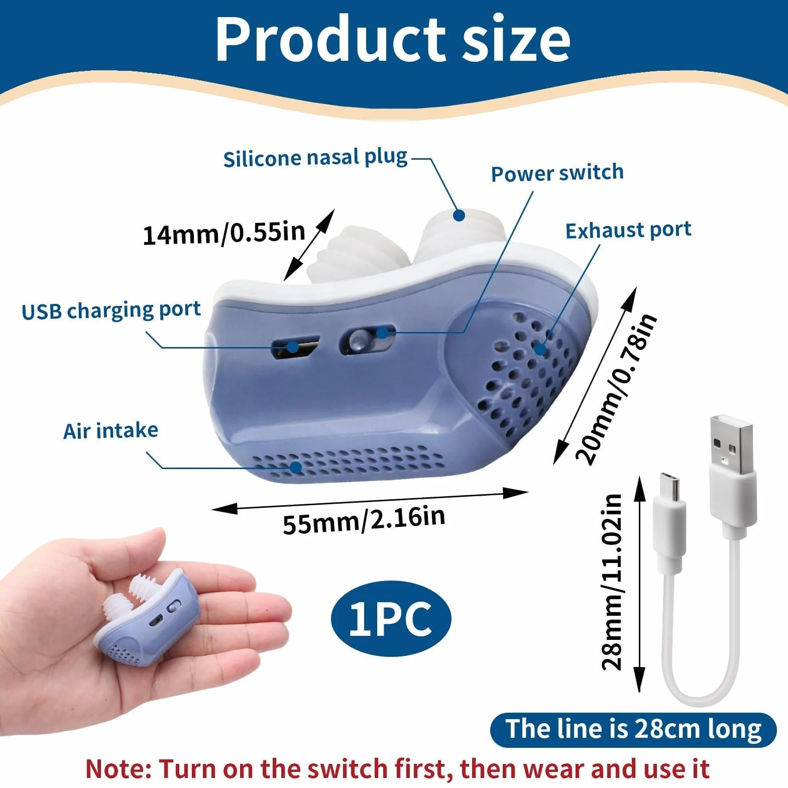 Macchina CPAP per Apnea Notturna Silenziosa, Dispositivo Anti-snoring, Mini CPAP Device, Russare per L'aiuto Addormentato, Migliora la Respirazione e Il Sonno Blue