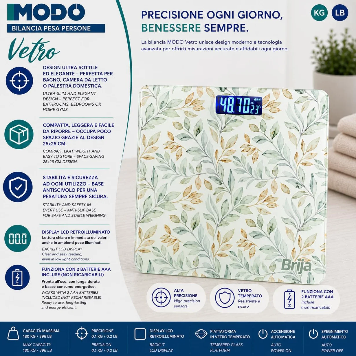 IPEA Bilancia Pesa Persone Digitale Ultra Sottile 180Kg 0,1KG Vetro Temperato
