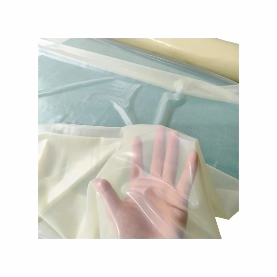 Tessuto in lattice naturale impermeabile 0,4 mm beige trasparente 1,1 x 1 m per massaggi SM