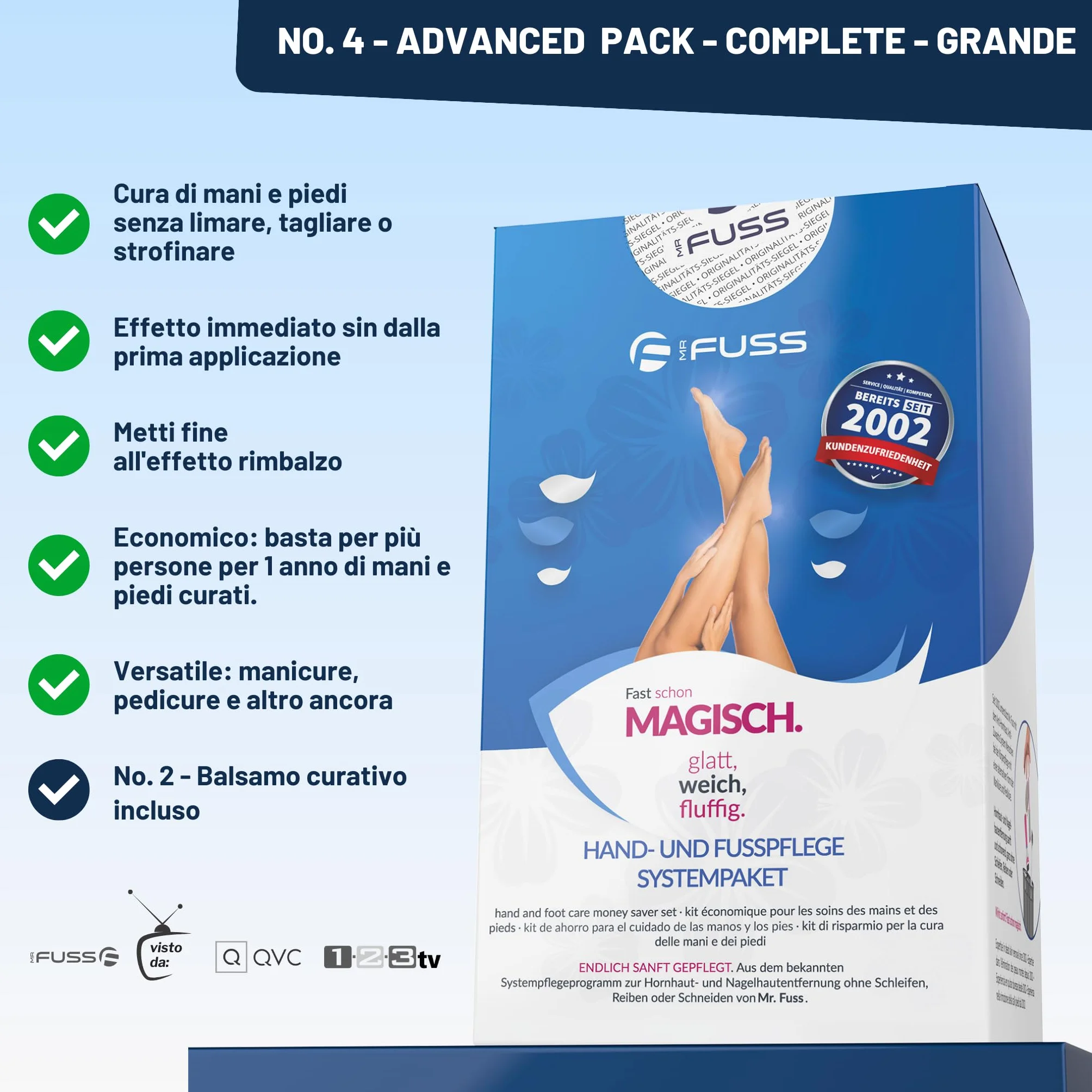 Mr. Fuss N. 4 Advanced Pack Complete Grande 5 Pezzi Soluzione Attiva Ammorbidente Rapido 500 ml Balsamo N. 2 200 ml Set Cuticole
