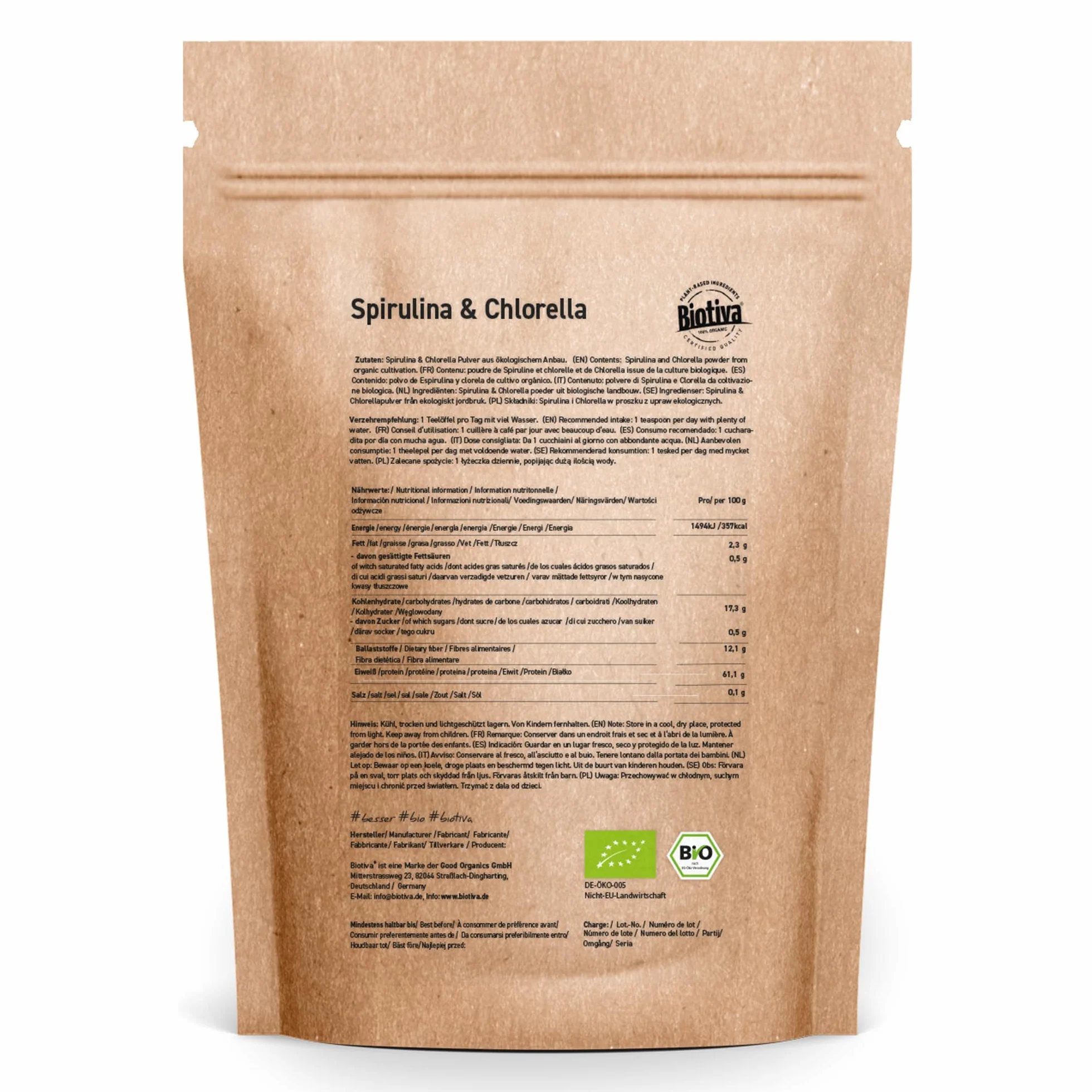 Biotiva Clorella e spirulina in polvere Bio 500g Chlorella vulgaris