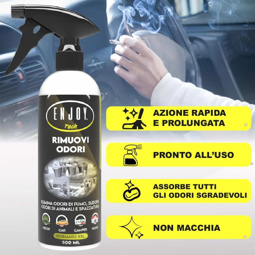 ENJOY TECH Rimuovi Odori Spray 500 ml – Neutralizza Odori di Fumo, Animali, Cibo e Sudore – Made in Italy