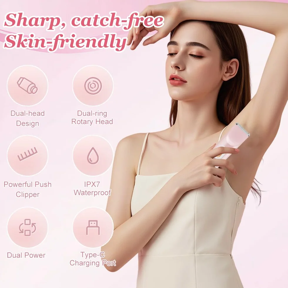 Rasoio elettrico da donna 2 in 1, Bikini Trimmer, impermeabile, utilizzabile sia a secco che bagnato, per gambe, braccia, ascelle e zona bikini (Rosa)